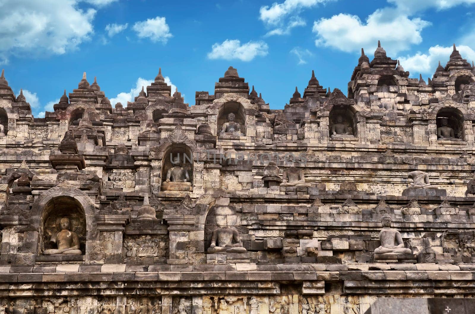 Wall of Borobudur Temple in Yogyakarta in Java, Indonesia