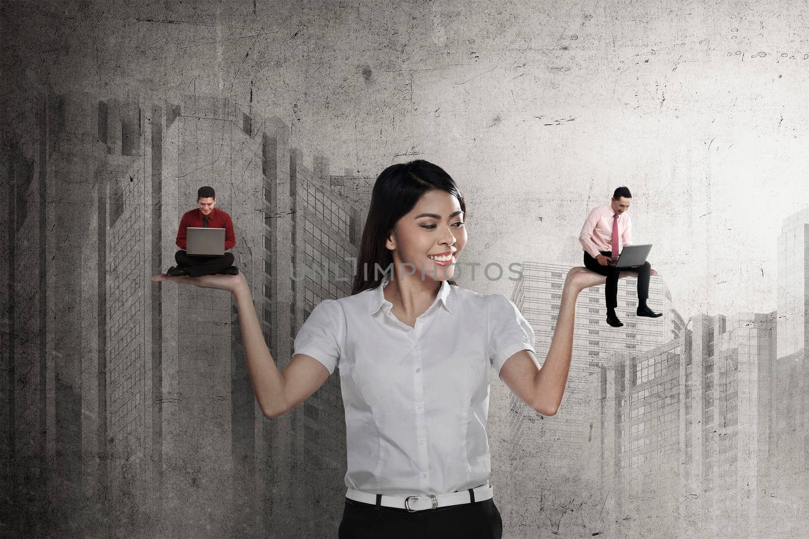 Asian business woman choose two man working. Work promotion concept