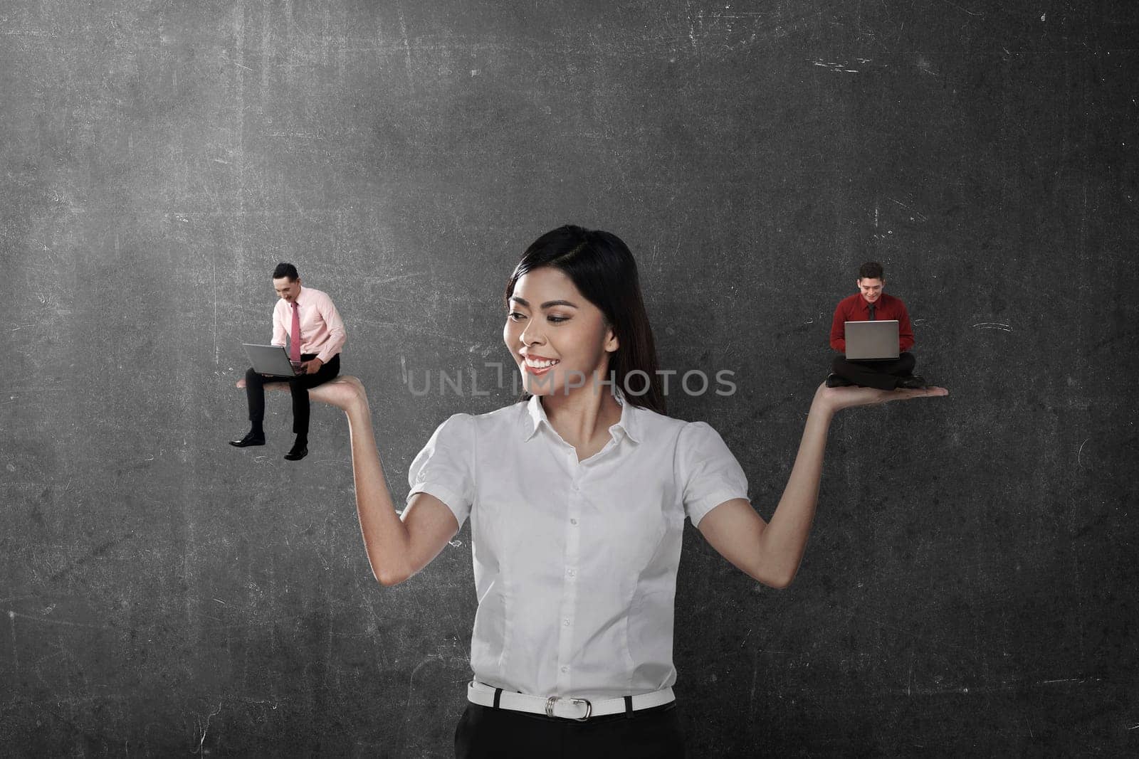 Asian business woman choose two man working. Work promotion concept