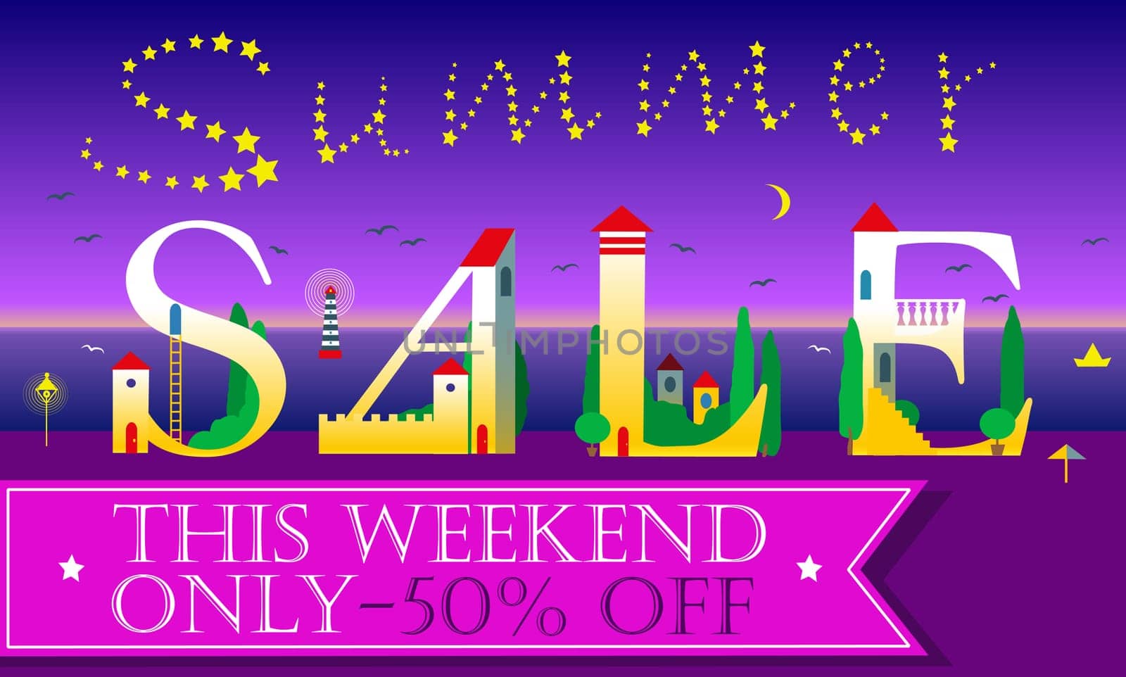 Summer Sale Inscription for retail. Cute houses on the night beach. Artistic font. Stars in the sky. Pink banner for custom text. Illustration