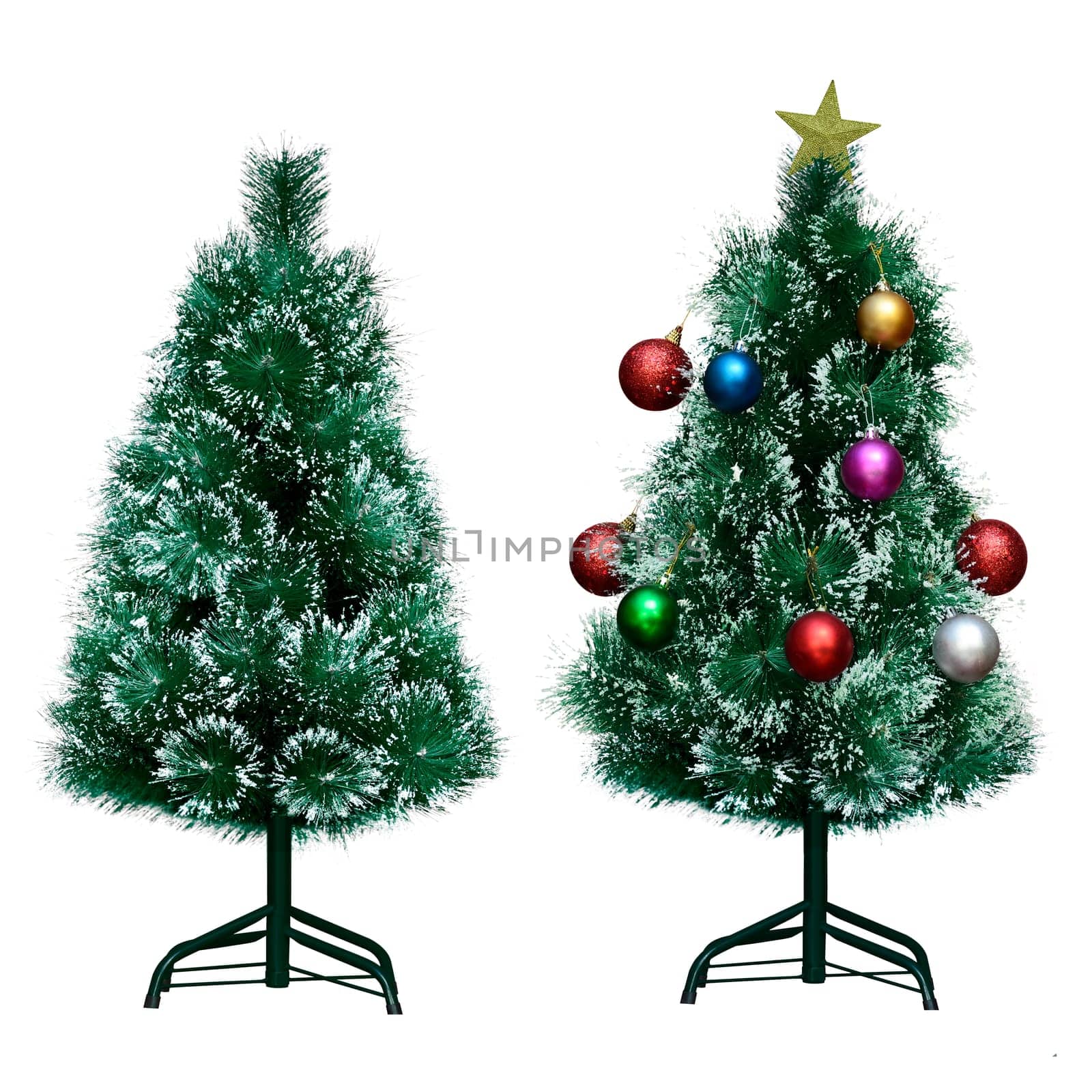 Bare and decorated christmas tree without isolated over white background
