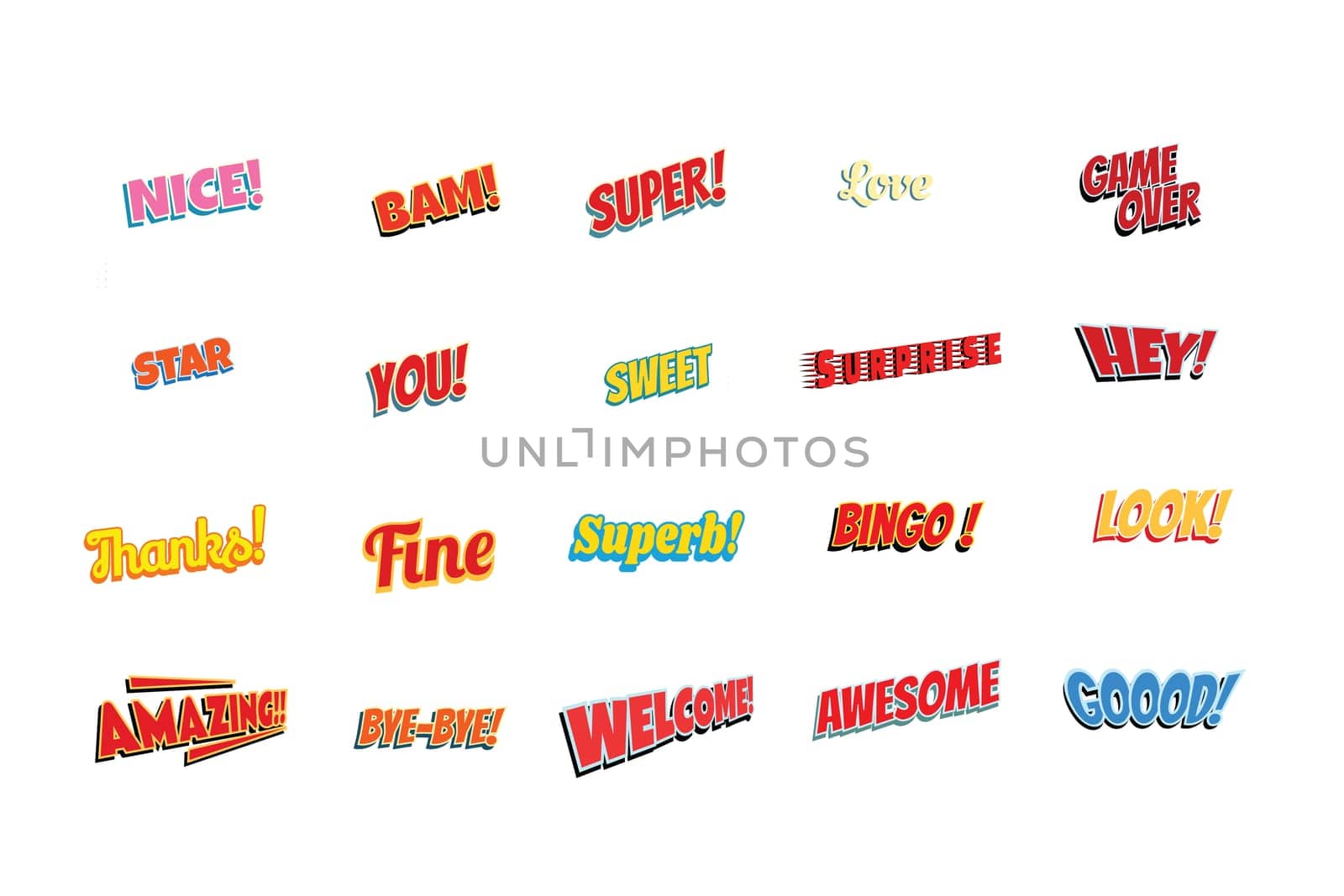 cartoon words label set isolated on a white background. nice bam super love game over star you sweet surprise hey thanks fine superb bingo look amazing bye welcome awesome good. Pop art retro vector illustration