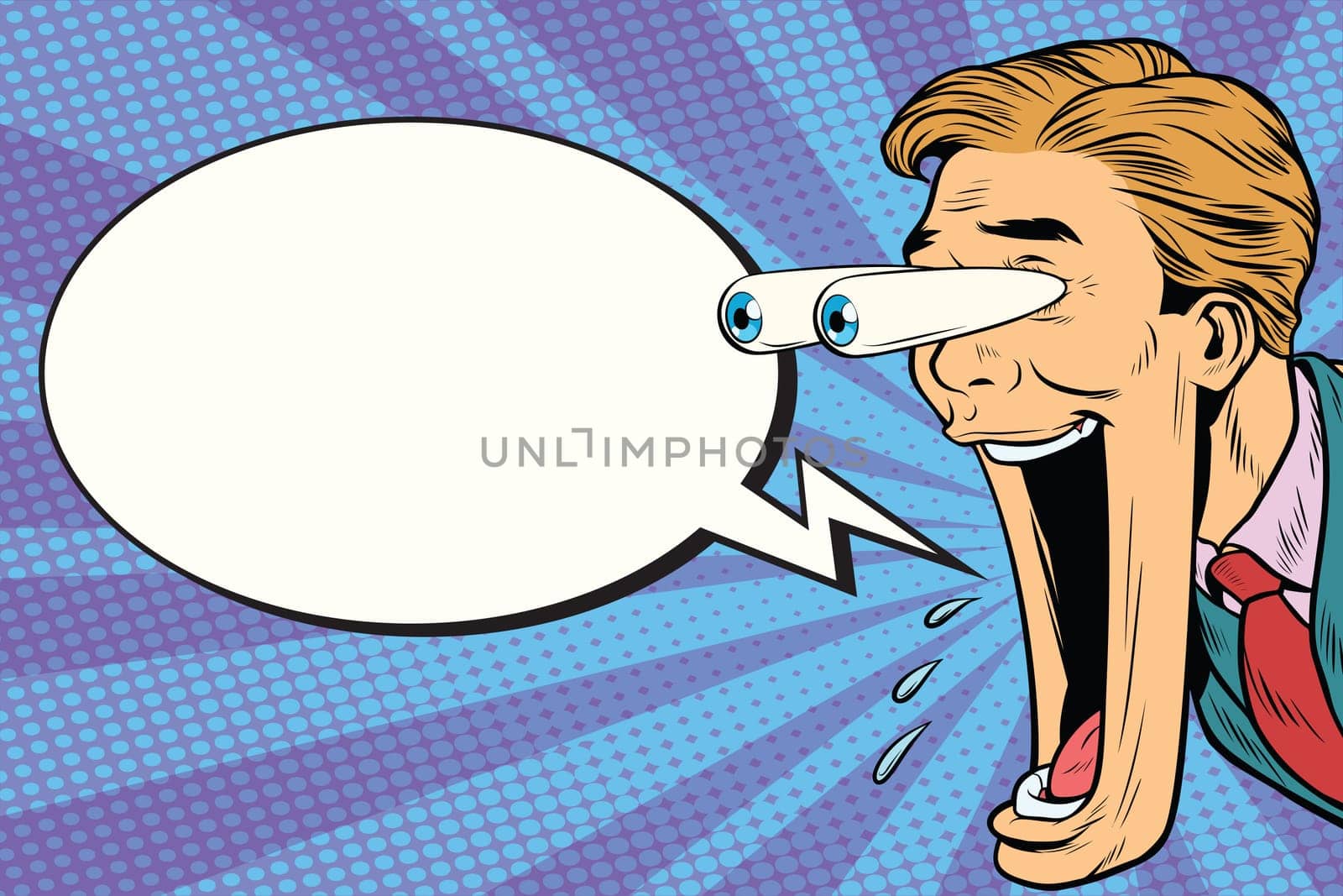 Hyper expressive reaction cartoon man face, big eyes and wide open mouth. Comic bubble. Pop art retro comic book vector illustration