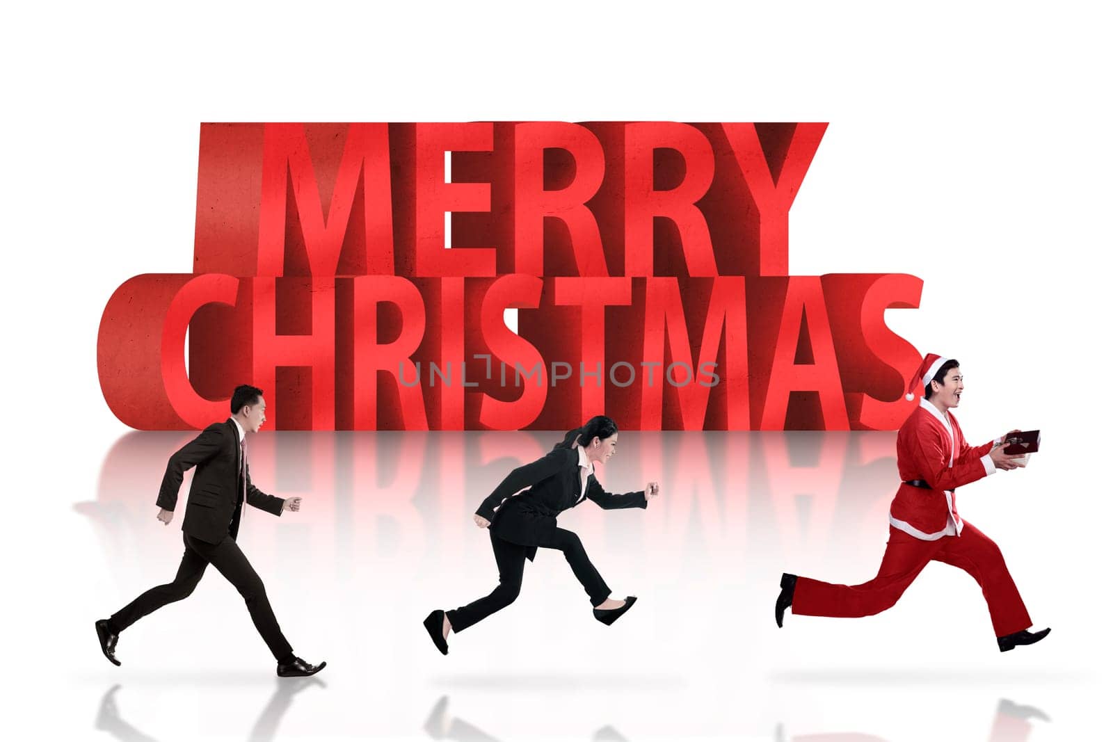 Business people chasing santa claus. Christmas bonus concept