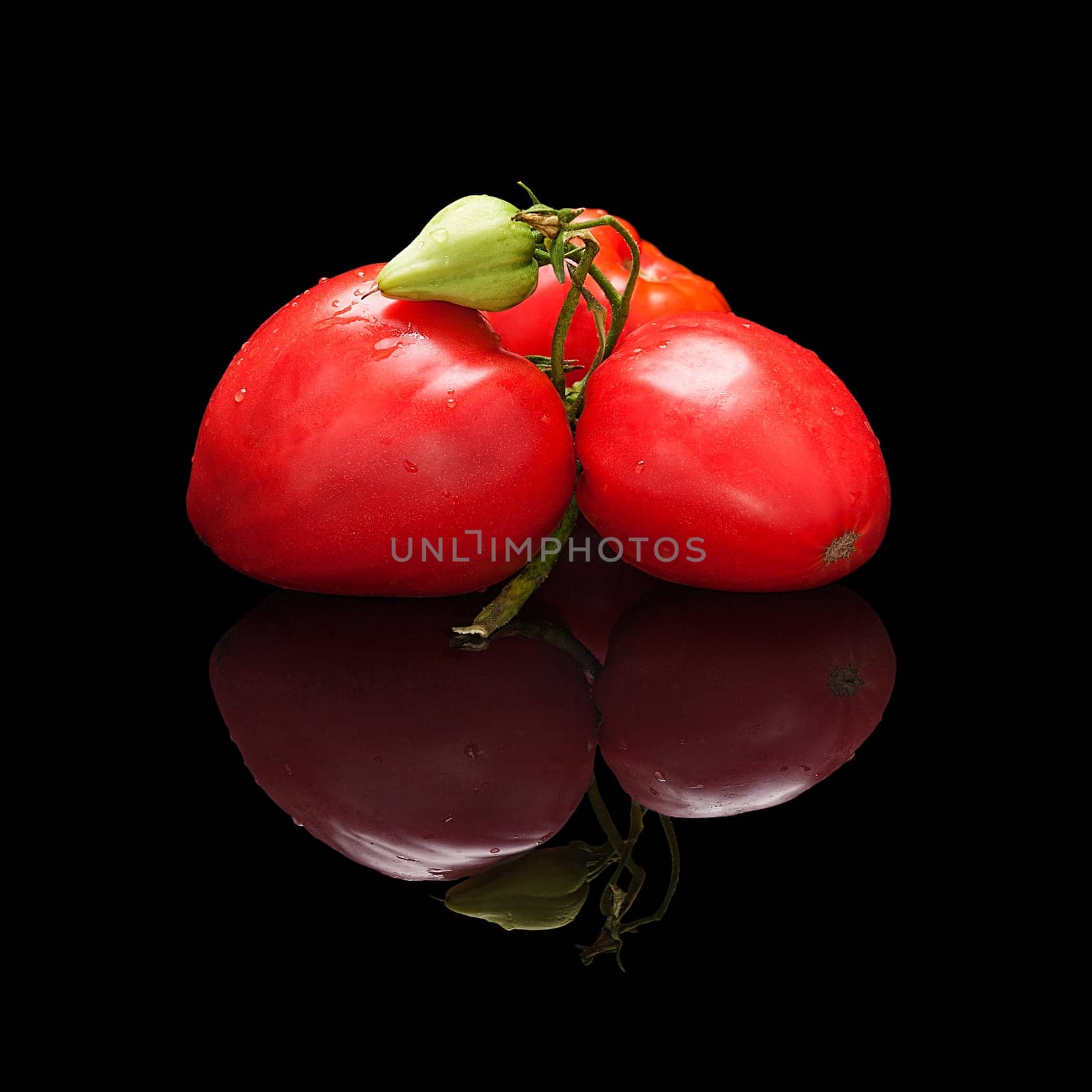 Pile of red tomatoes isolated on black glossy background with real reflection