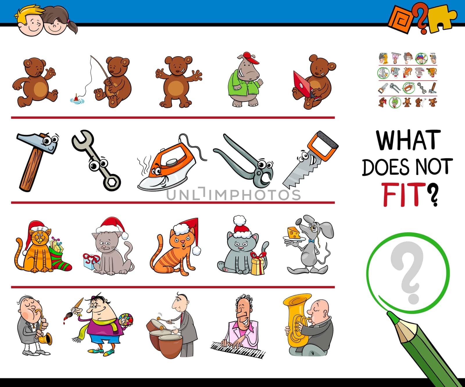 Cartoon Illustration of Finding Picture that does not Fit with the Rest in a Row Educational Activity for Children