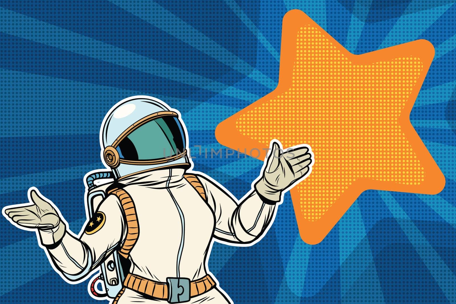 Female astronaut opened his arms dream star background. Pop art retro vector illustration