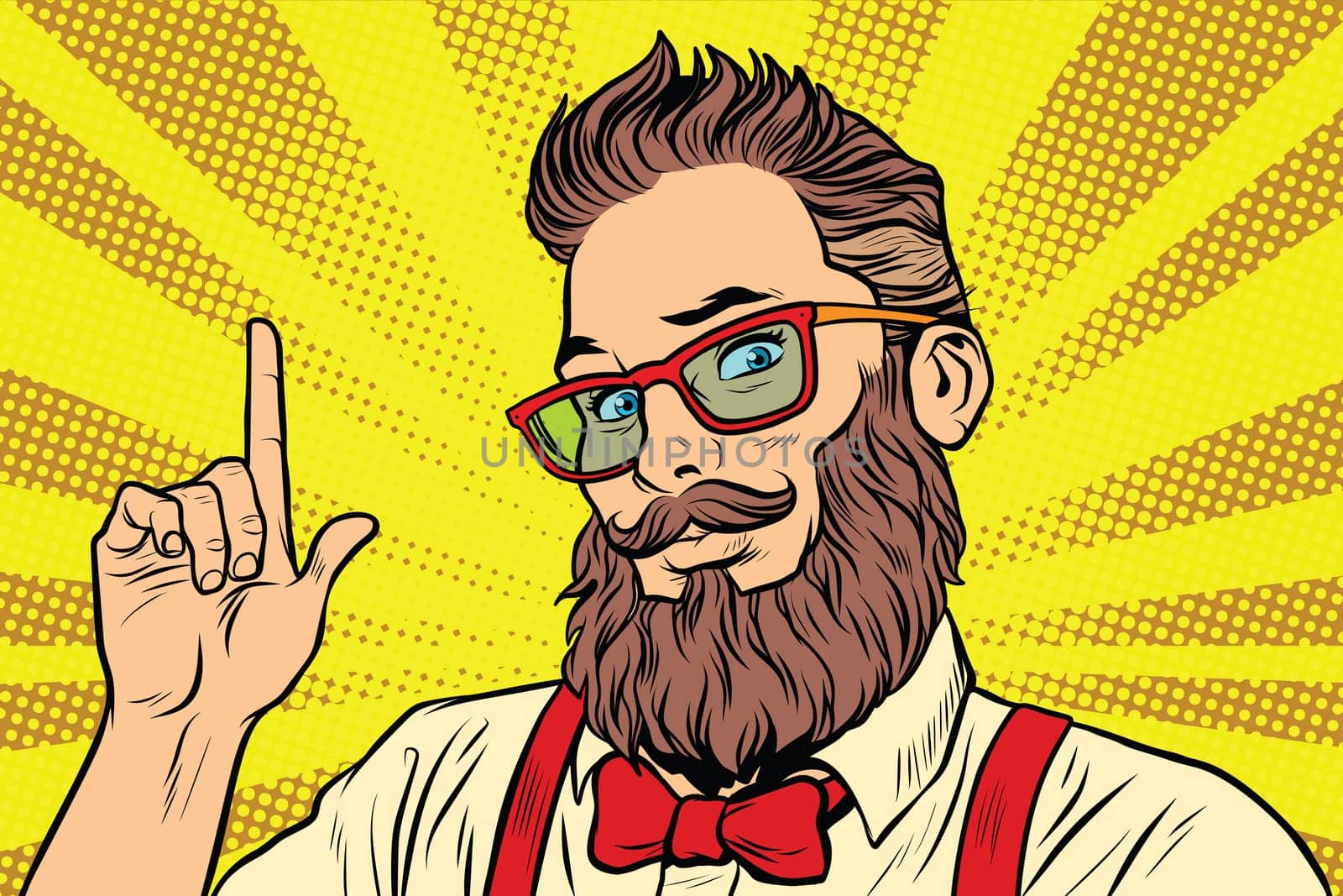Bearded hipster man portrait pointing finger. Pop art retro vector illustration
