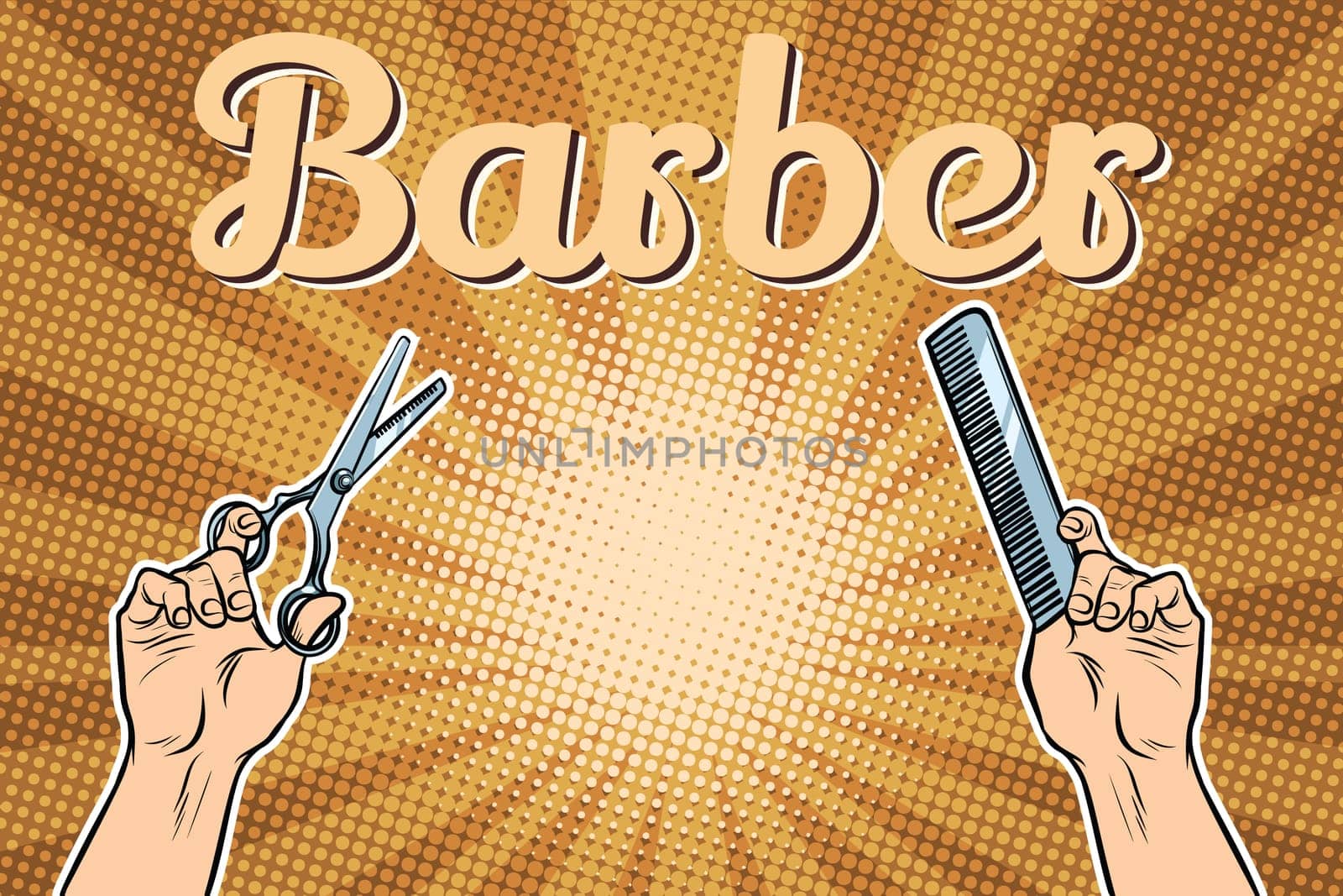 barber shop background, the hands with scissors and comb. Pop art retro vector illustration