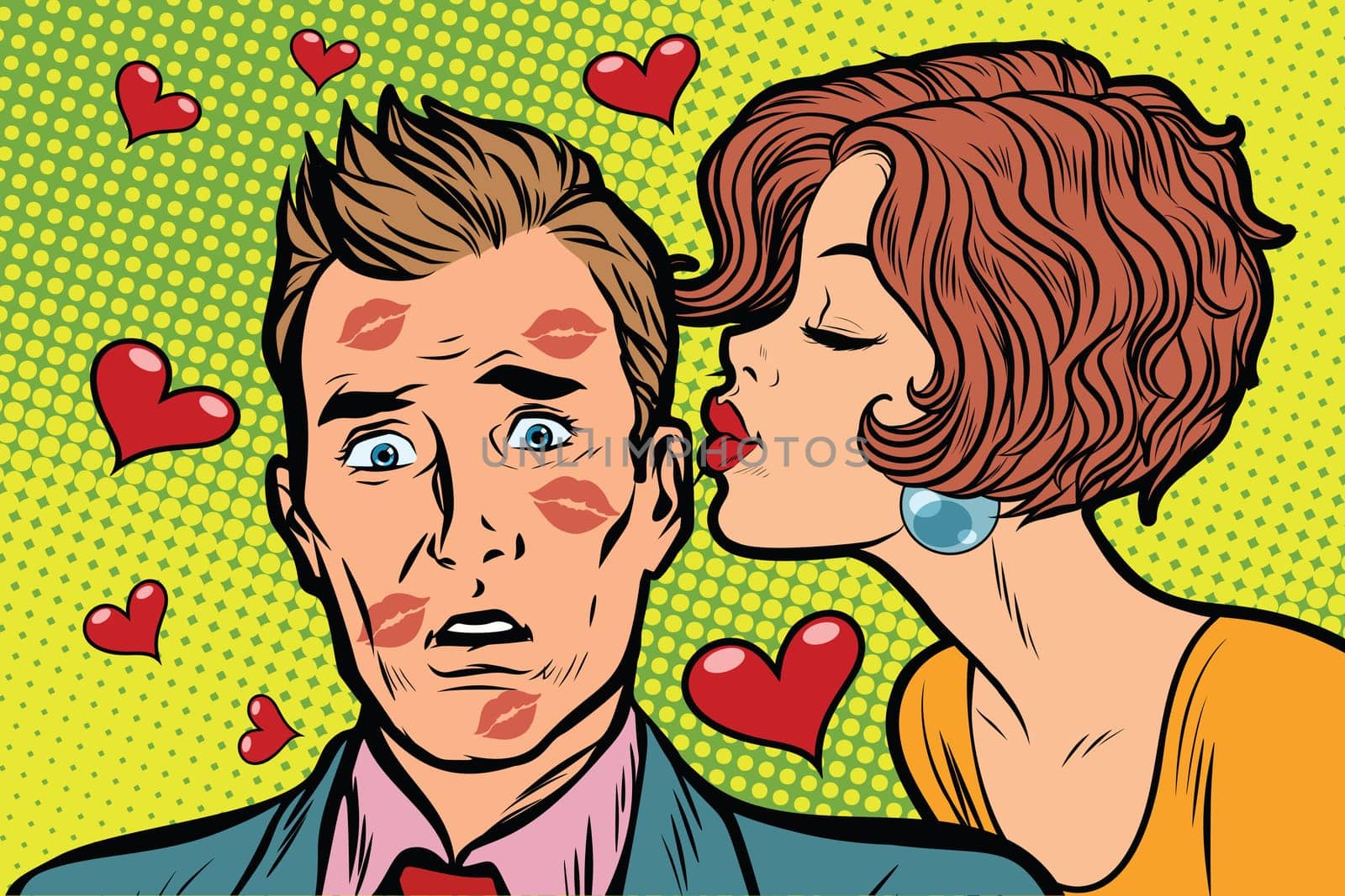 Beautiful woman kissing a man, trace of lipstick. Pop art retro vector illustration