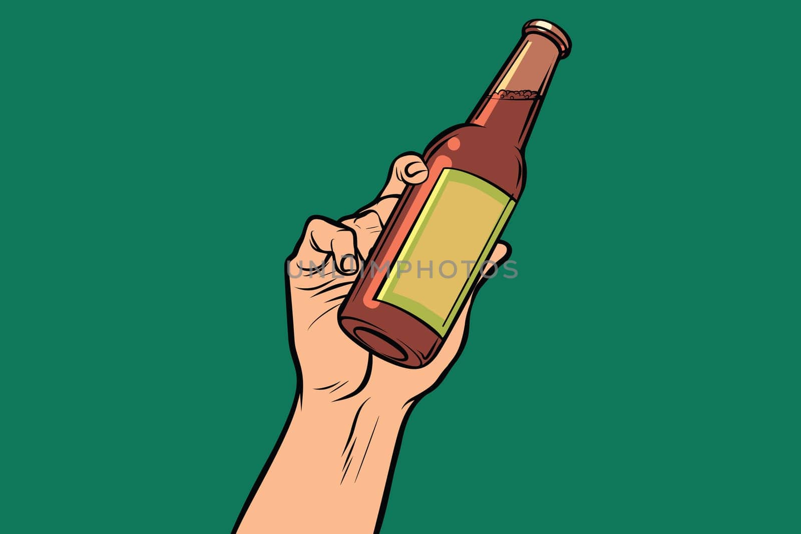 bottle with drink in hand. Pop art retro vector illustration