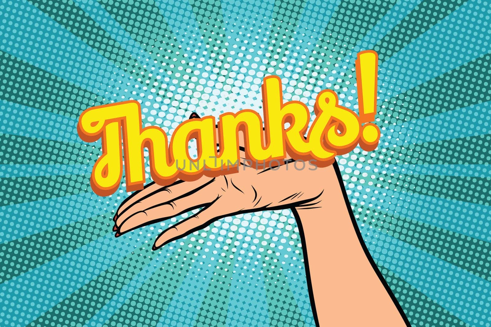 thanks word. Women open palm hand hold gesture. Pop art retro vector illustration