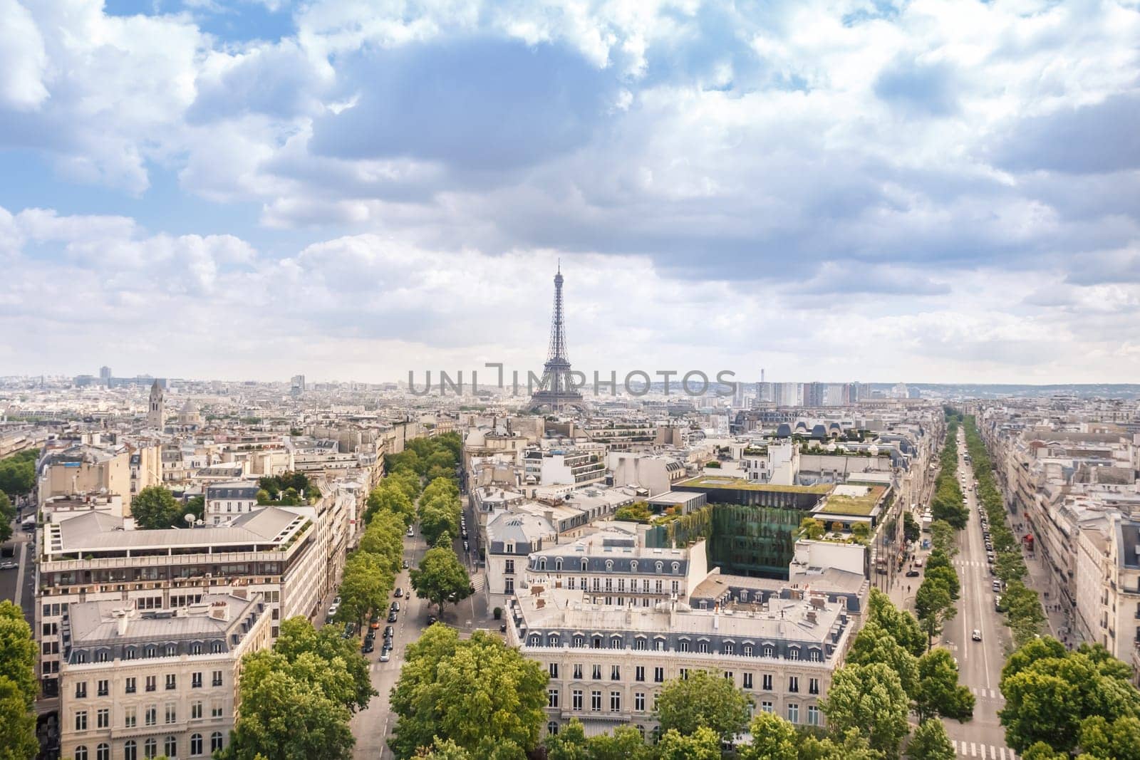 View of Paris city with cloudy blue sky, Europe, France, selective focus