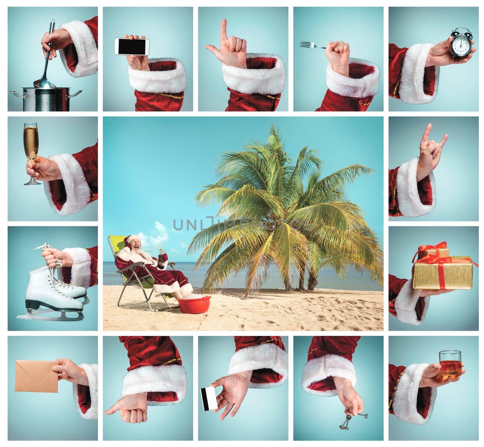 The collage from hands in costume Santa Claus is holding the different tools