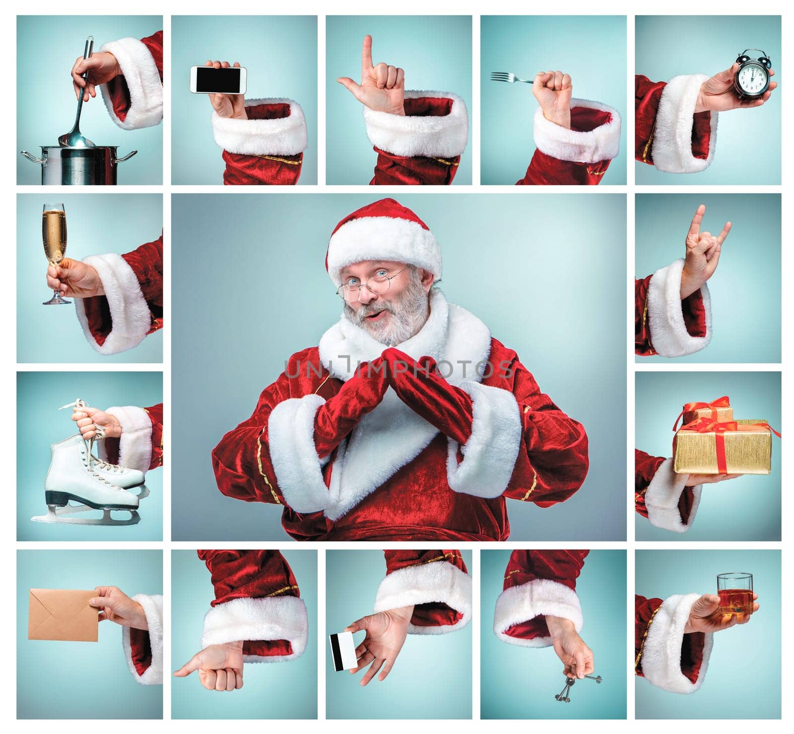The collage from hands in costume Santa Claus is holding the different tools