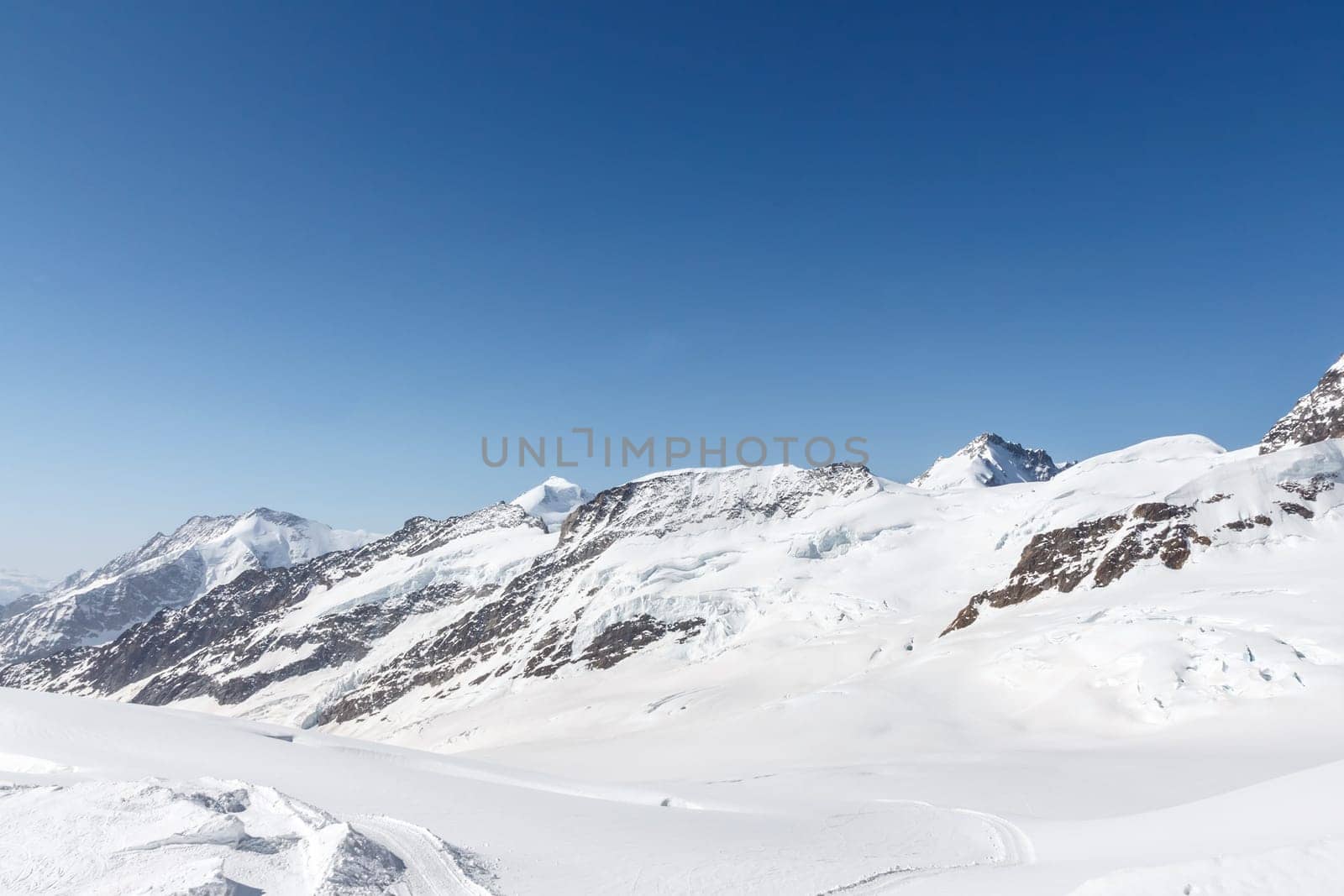 Aletsch Glacier landscape in the Jungfraujoch, Alps, Switzerland, selective focus