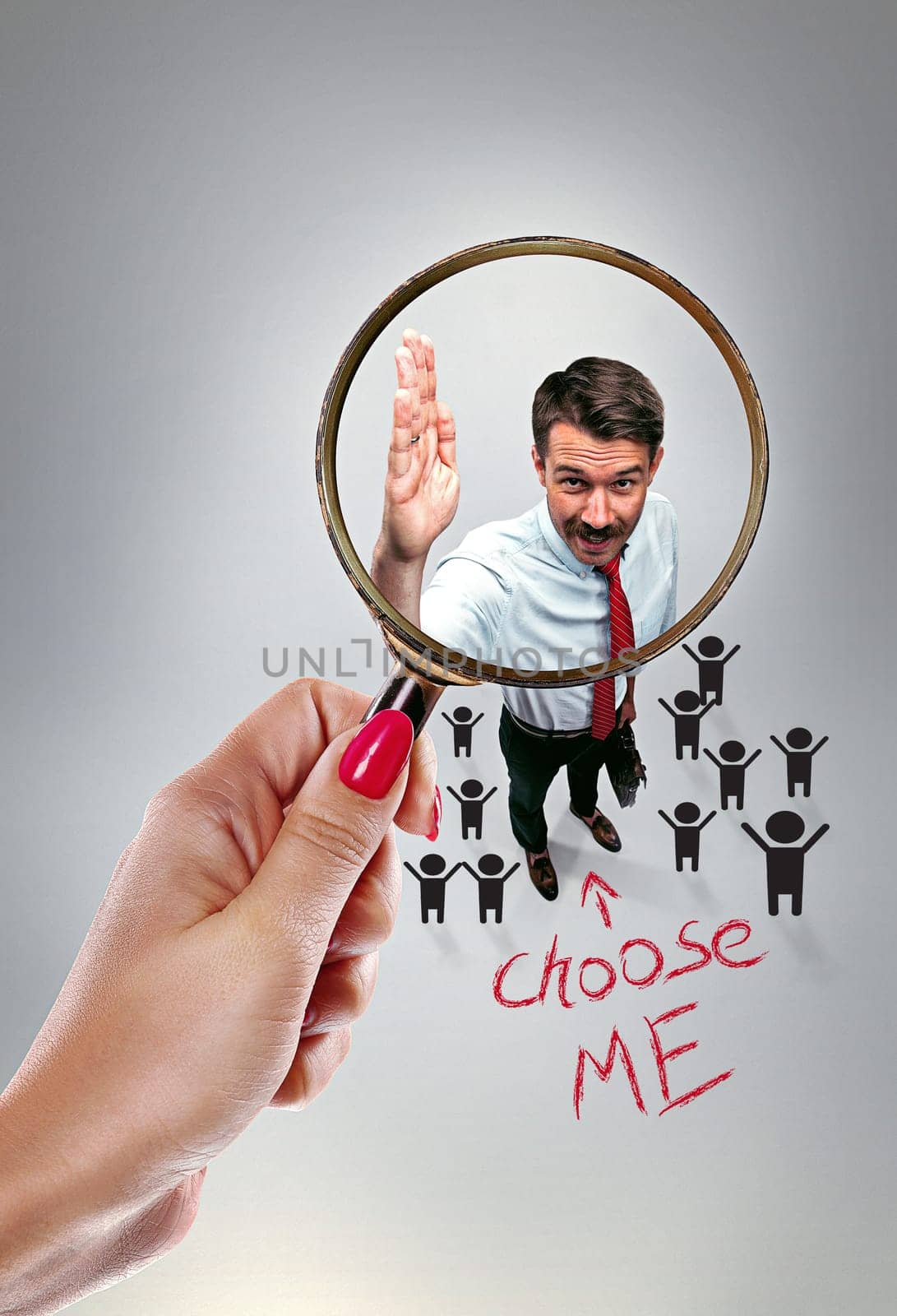 Job interview with manager in office. Concept of choose the best candidate. Female hand with magnifier