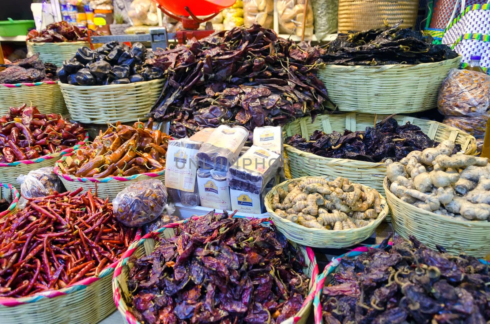 OAXACA, MEXICO-MARCH 5: Chilli and chocolate for sale in a marketplace in Oaxaca, Mexico on March 5, 2017