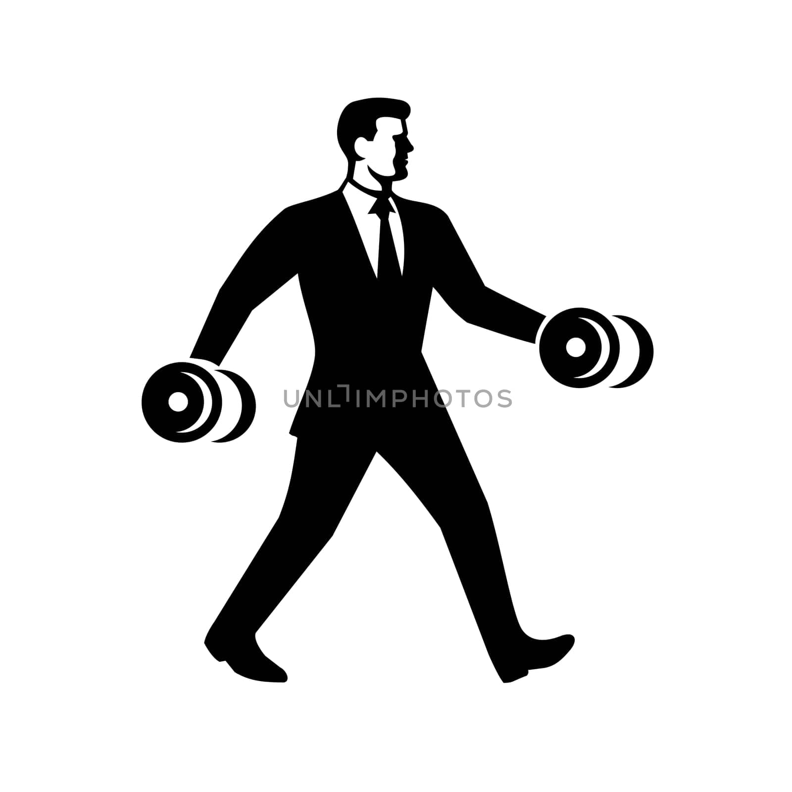 Illustration of a Businessman Power Walking and Holding Dumbbell side view done in retro style.