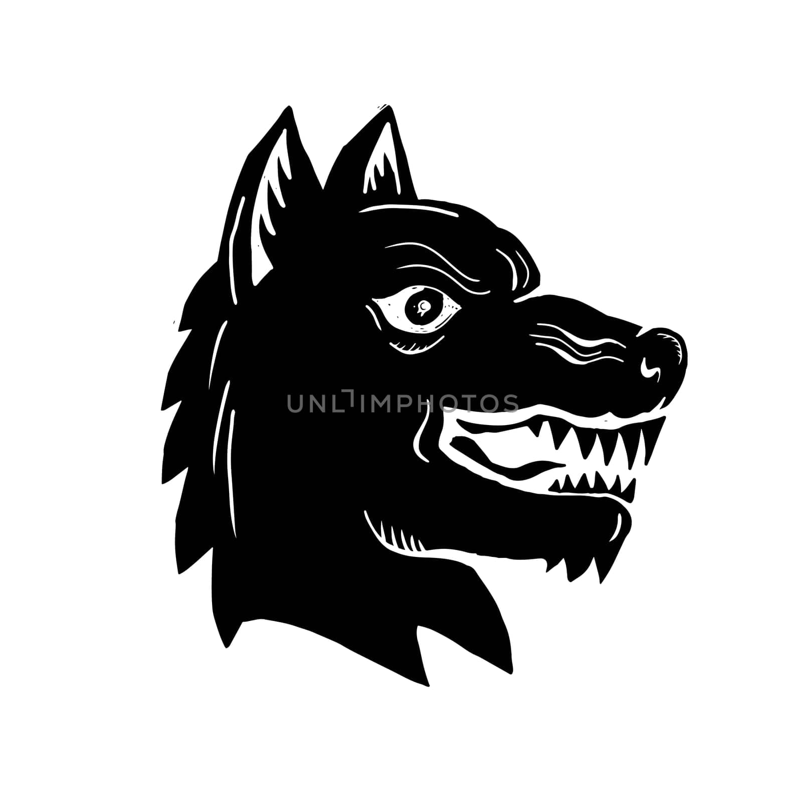 Illustration of an Angry Wolf wild dog Head Side view  done in Woodcut style.