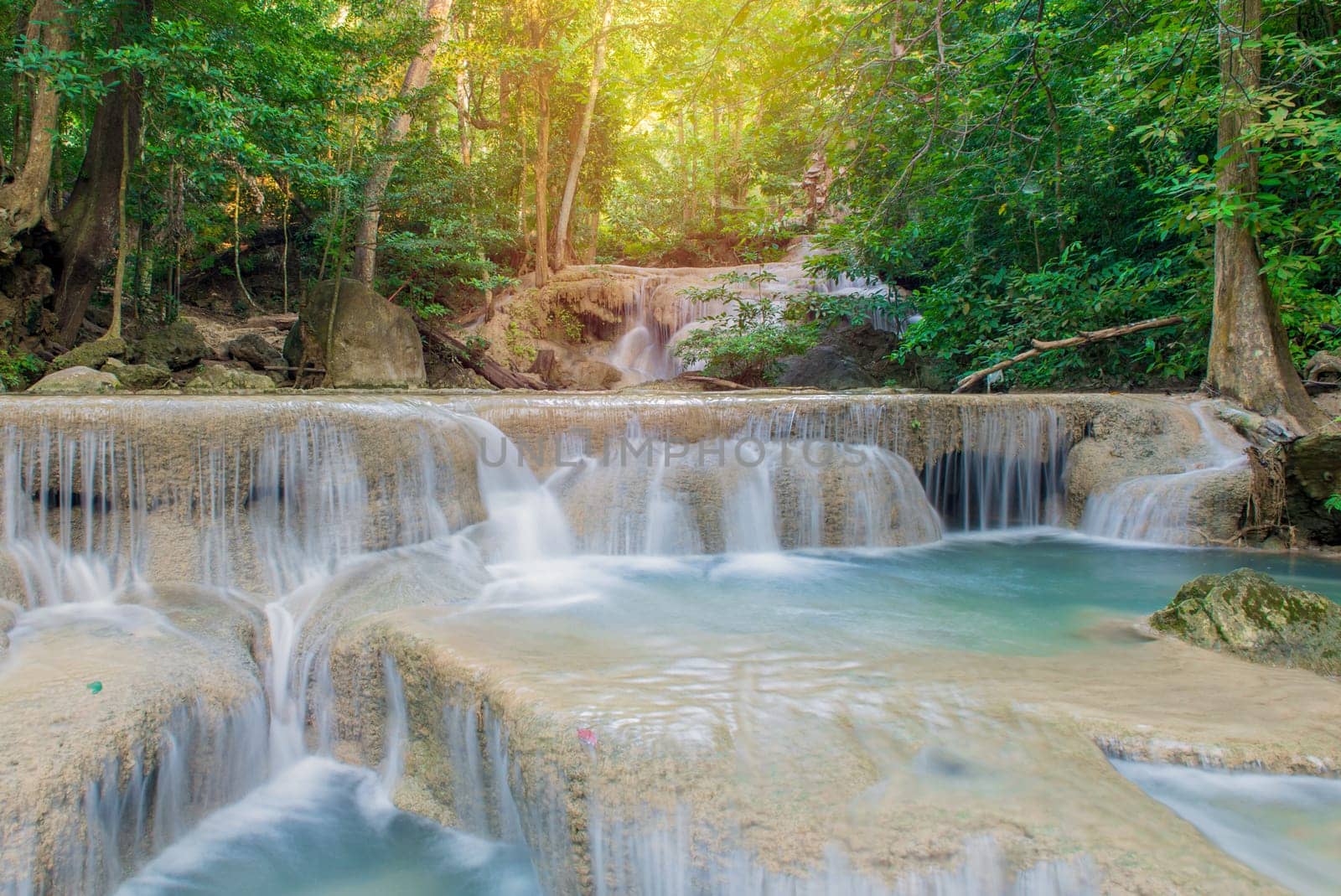 Waterfall in Deep forest at Erawan waterfall National Park, Thailand.