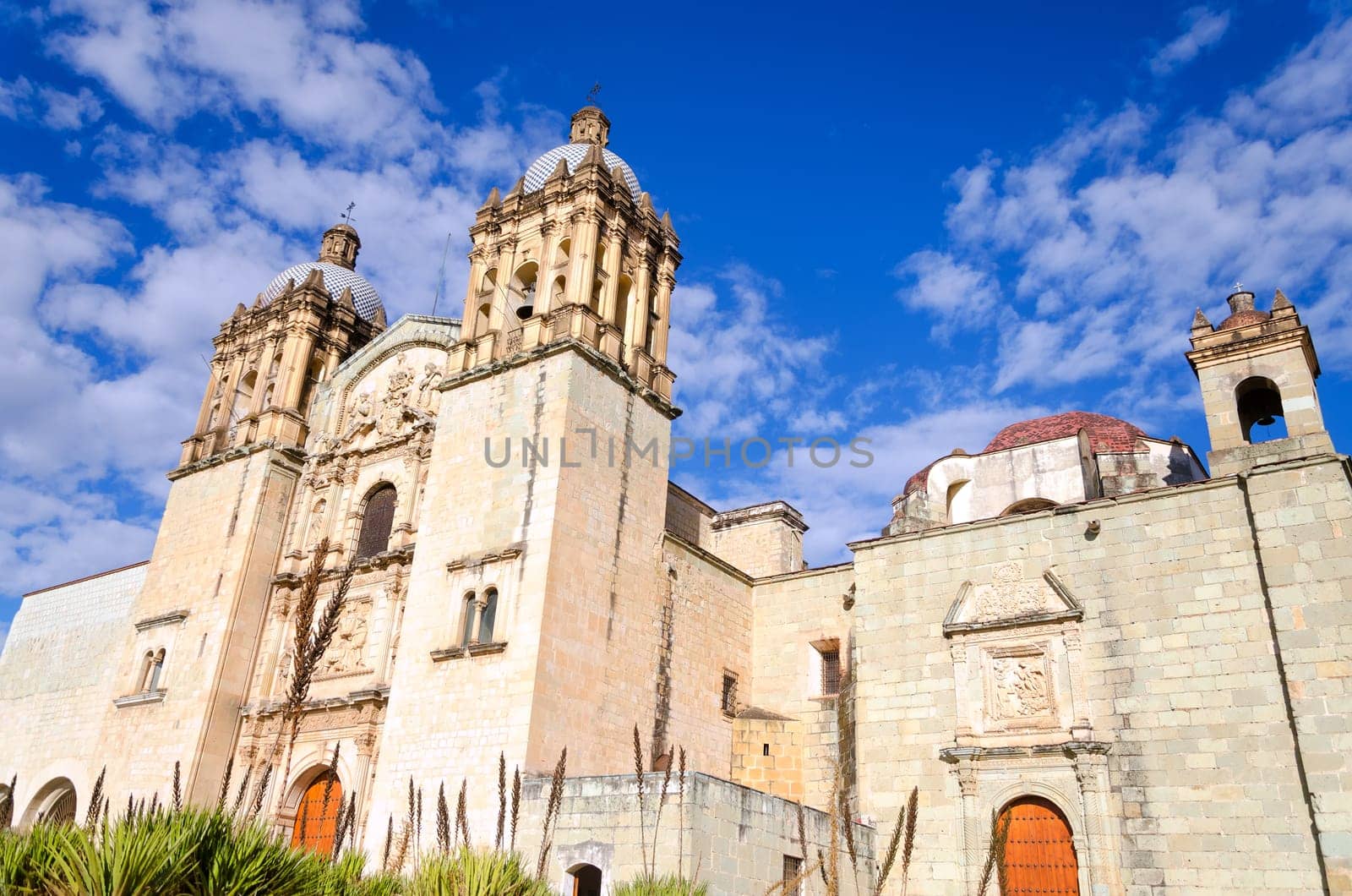 View of  Our Lady of the Assumption Church with blue sky in Oaxaca, Mexico