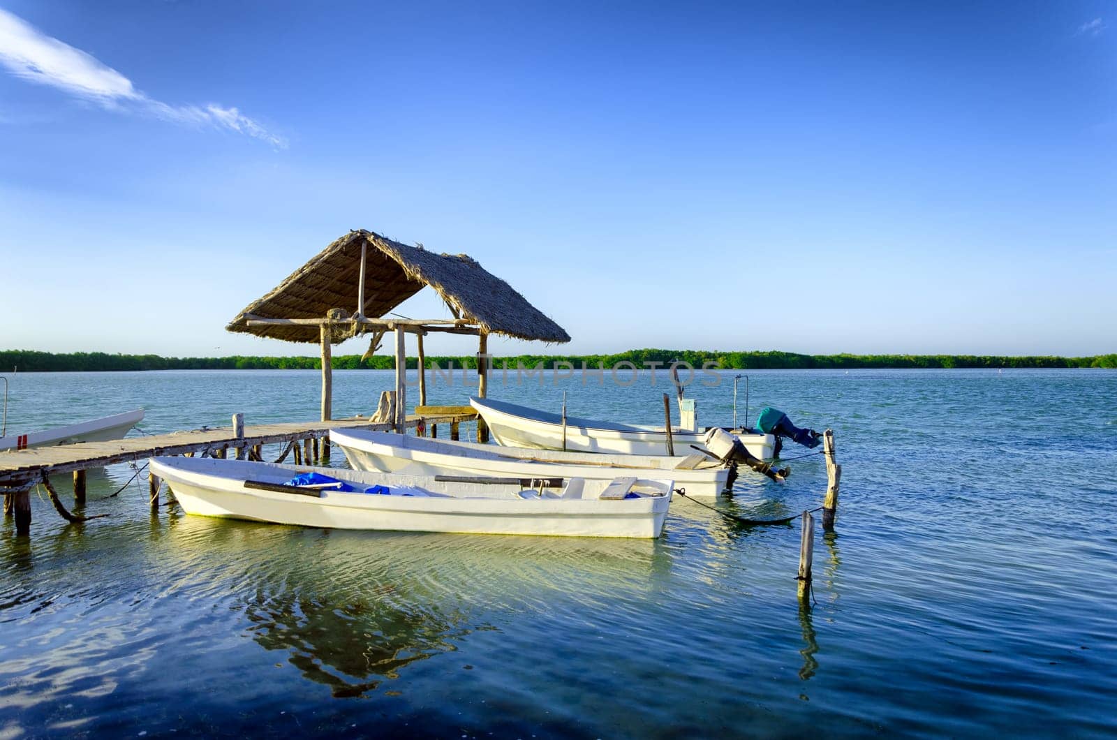 Boats on the waterfront in Rio Lagartos in the Yucatan Peninsula in Mexico