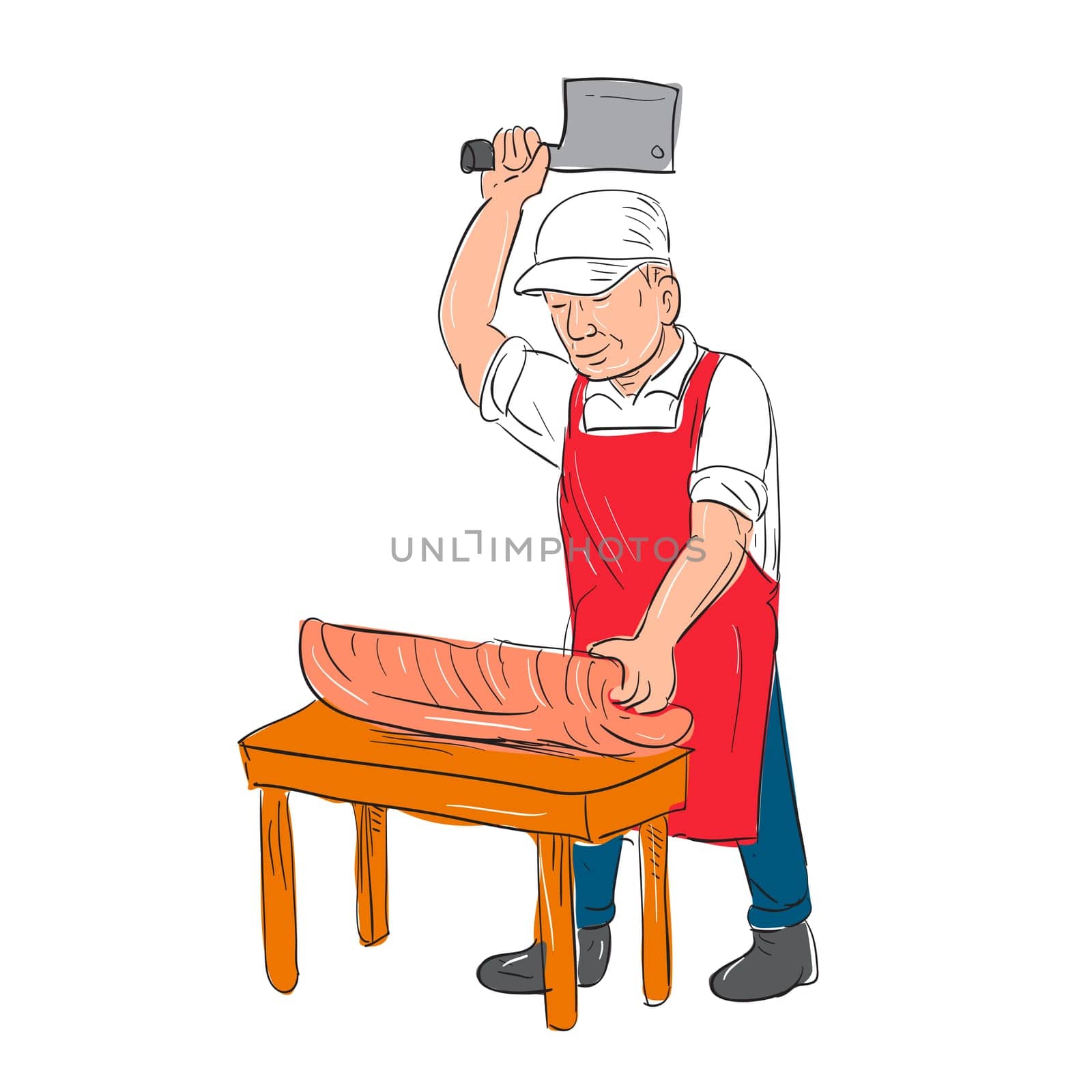 Illustration of a Butcher Cutting Meat on bench done in hand sketch drawing Cartoon style.