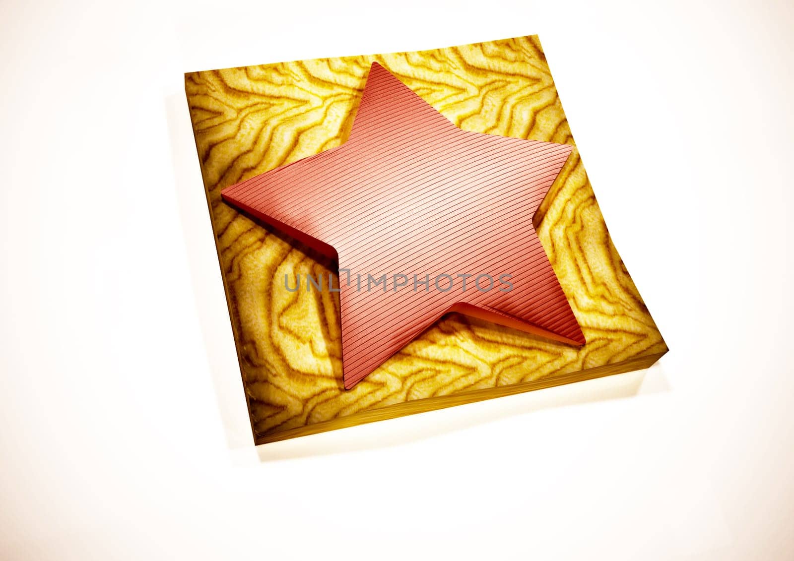 Red star 3D symbol on a wooden support. 3D rendering.