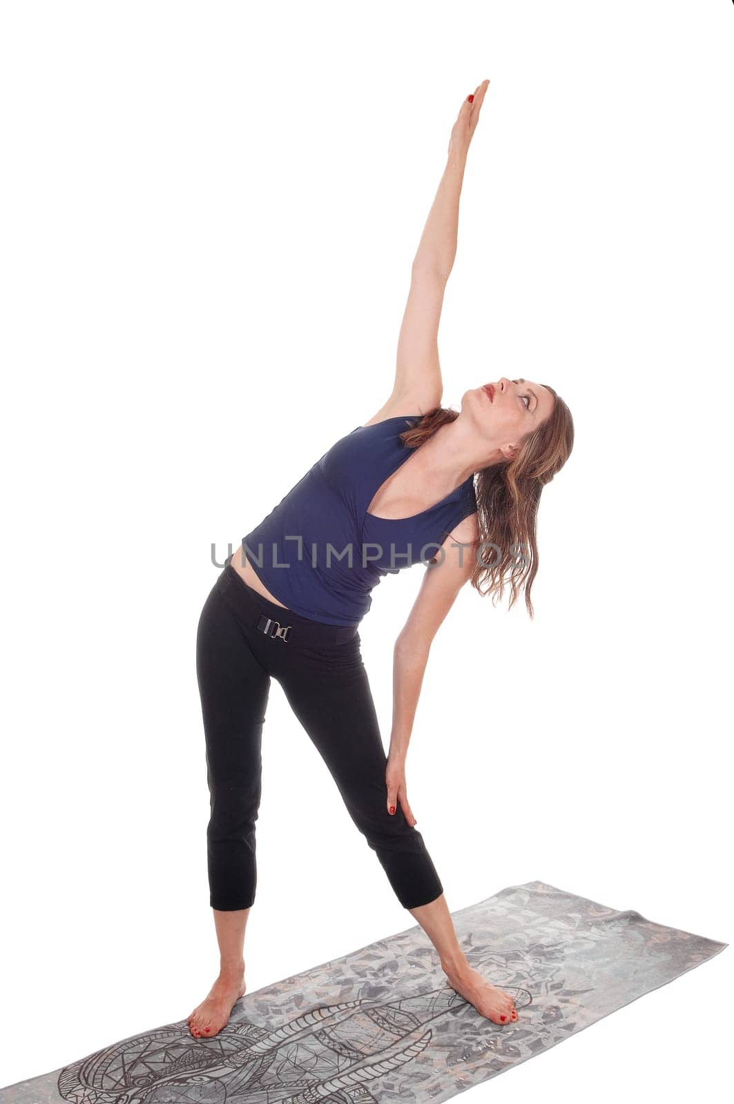 A slim young woman stretching her body after some exercising, wearing.sportswear, isolated for white background.