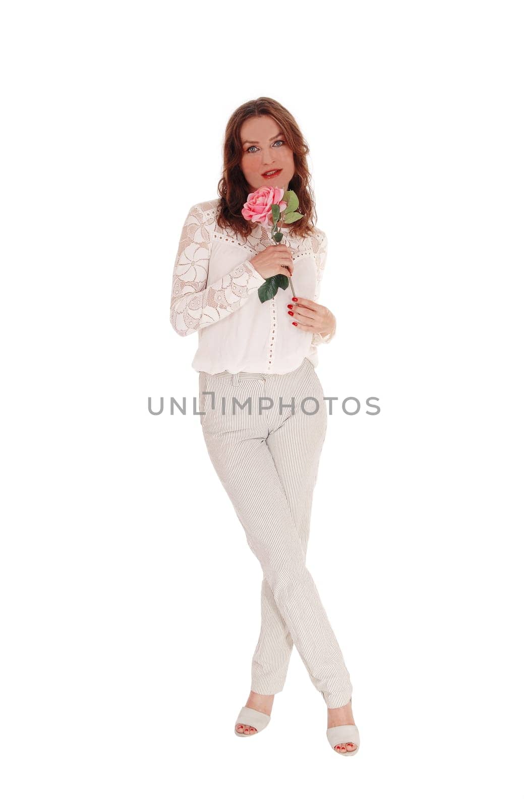 A beautiful young Caucasian woman in a lace blouse and brunette hair.holding a pink rose in her hand, isolated for white background.