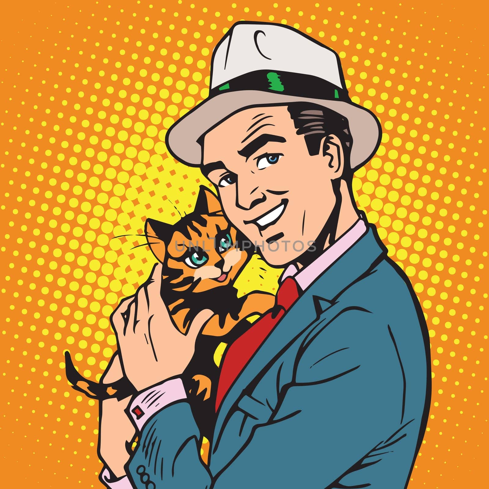 avatar portrait man with a kitten. Pop art retro vector illustration