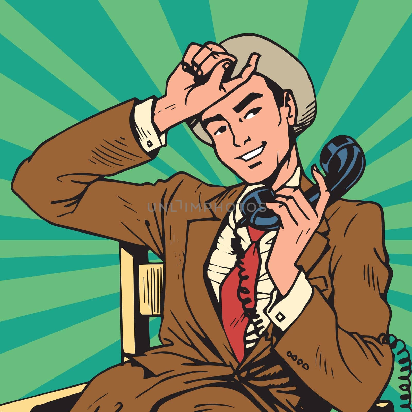 Printavatar portrait man with retro phone. Pop art retro vector illustration