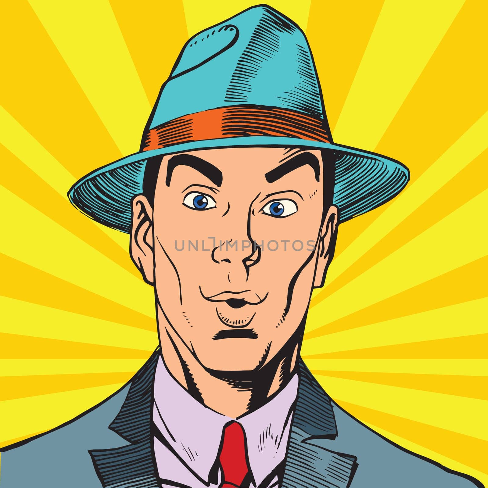 Printavatar portrait surprised man in the hat. Pop art retro vector illustration