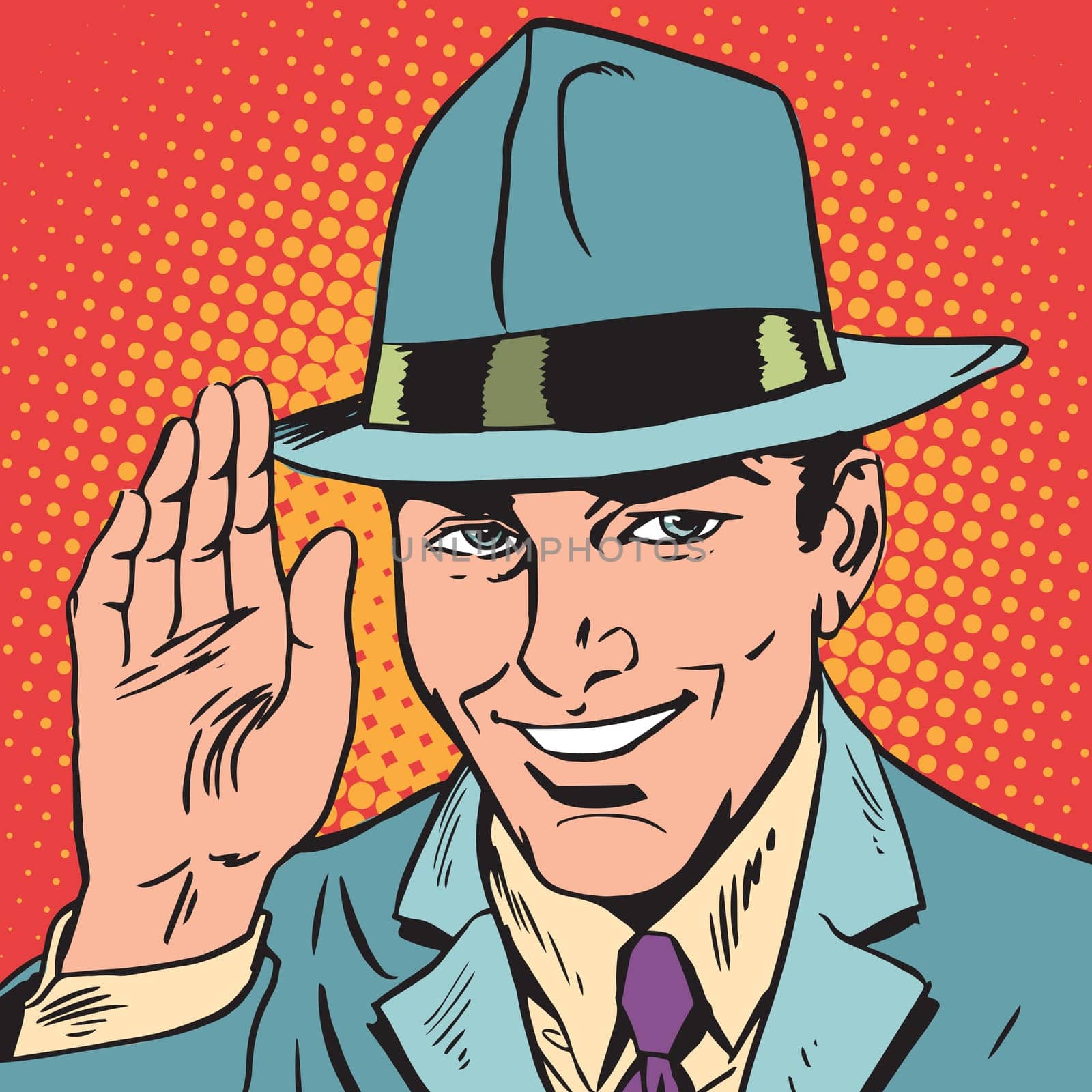 avatar portrait of man raised a hand, greeting. Pop art retro vector illustration