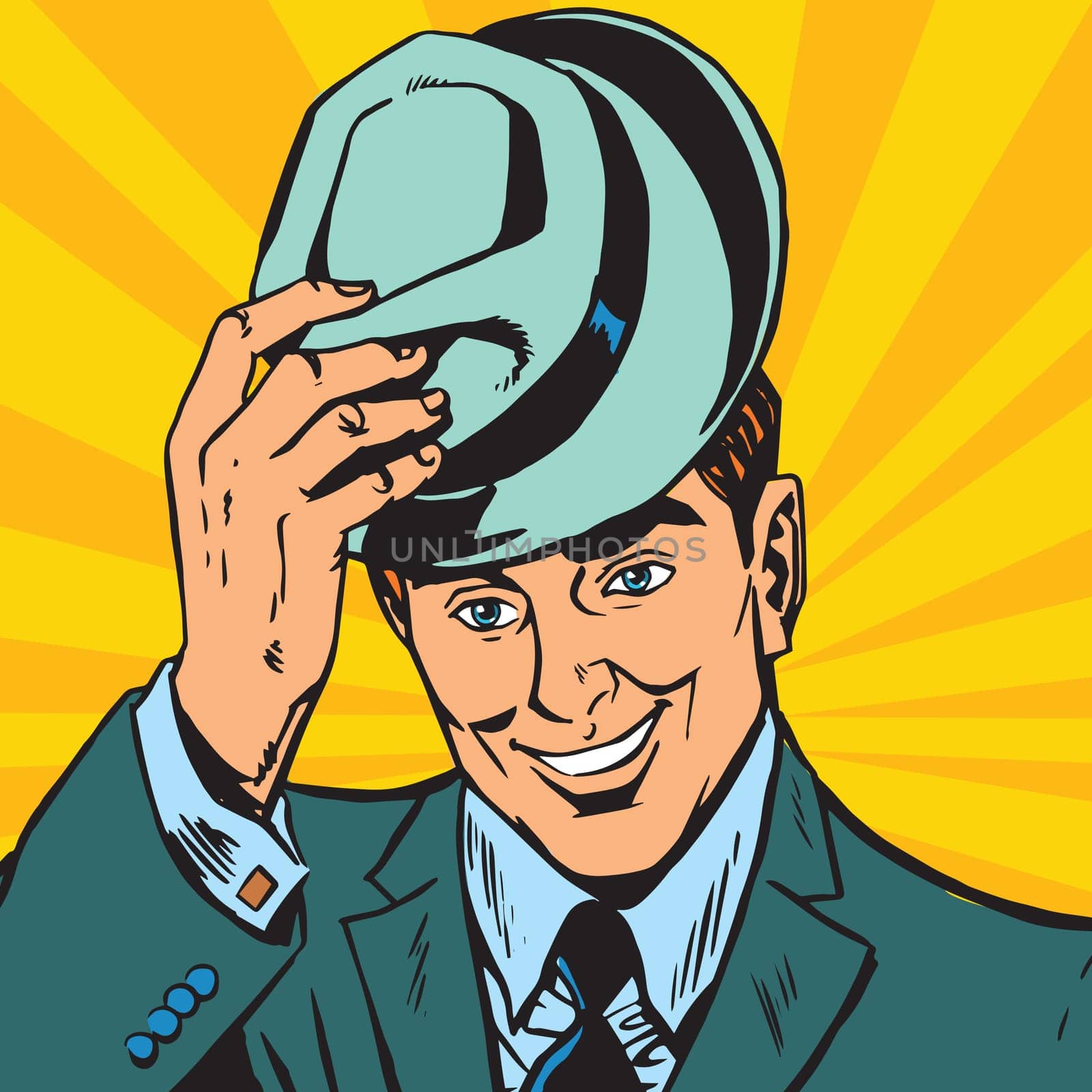 avatar portrait gentle man raises his hat. Pop art retro vector illustration
