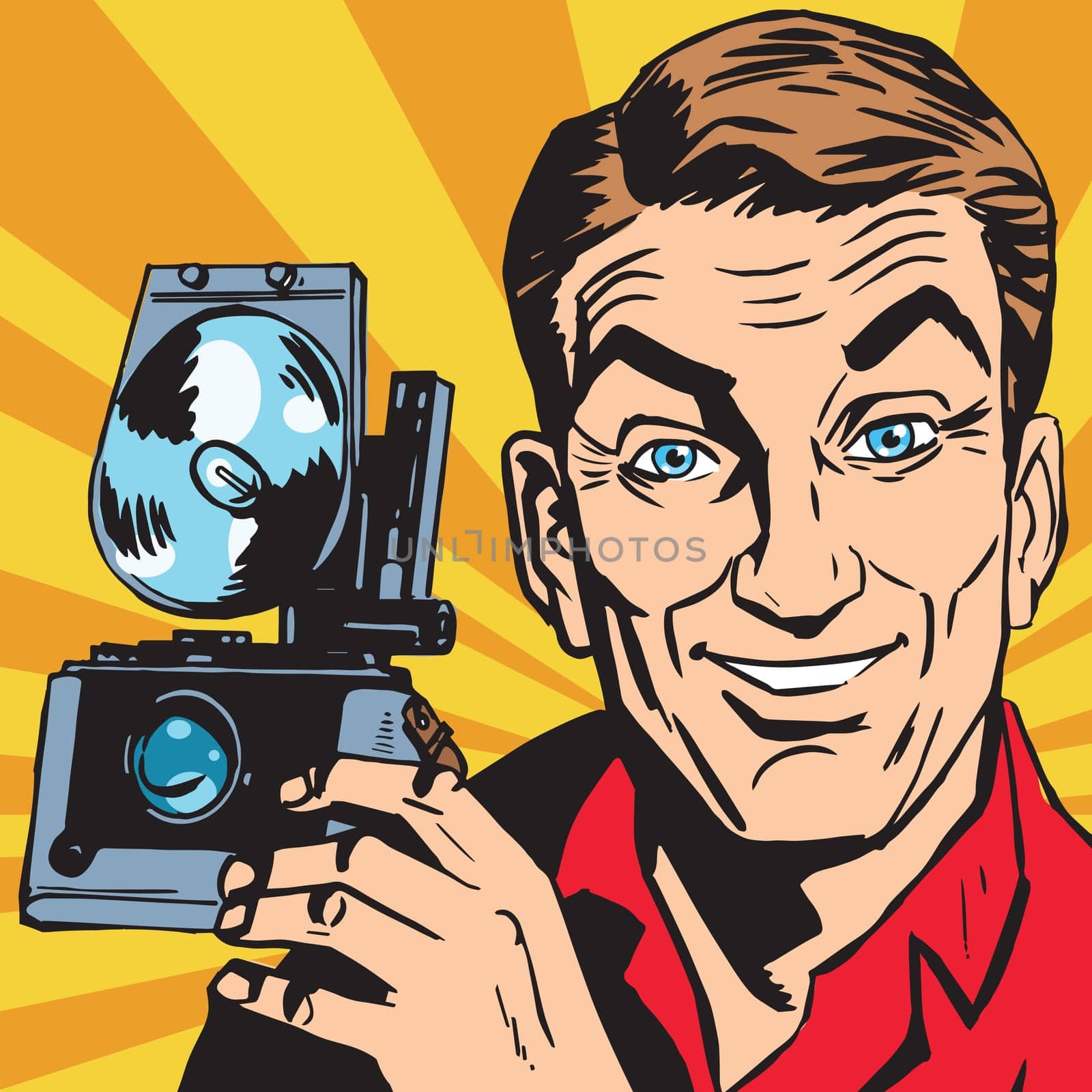 avatar portrait of man with retro camera. Pop art retro vector illustration