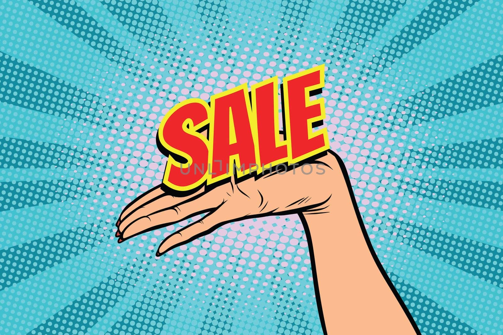 sale word. Women open palm hand hold gesture. Pop art retro vector illustration