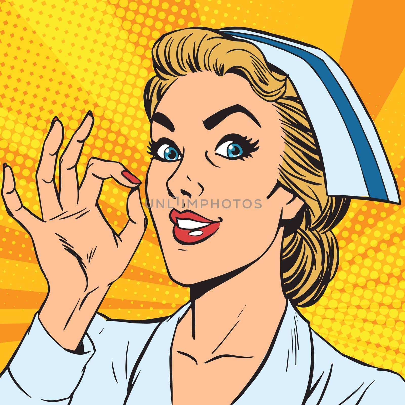 avatar portrait of a nurse OK gesture. Pop art retro vector illustration