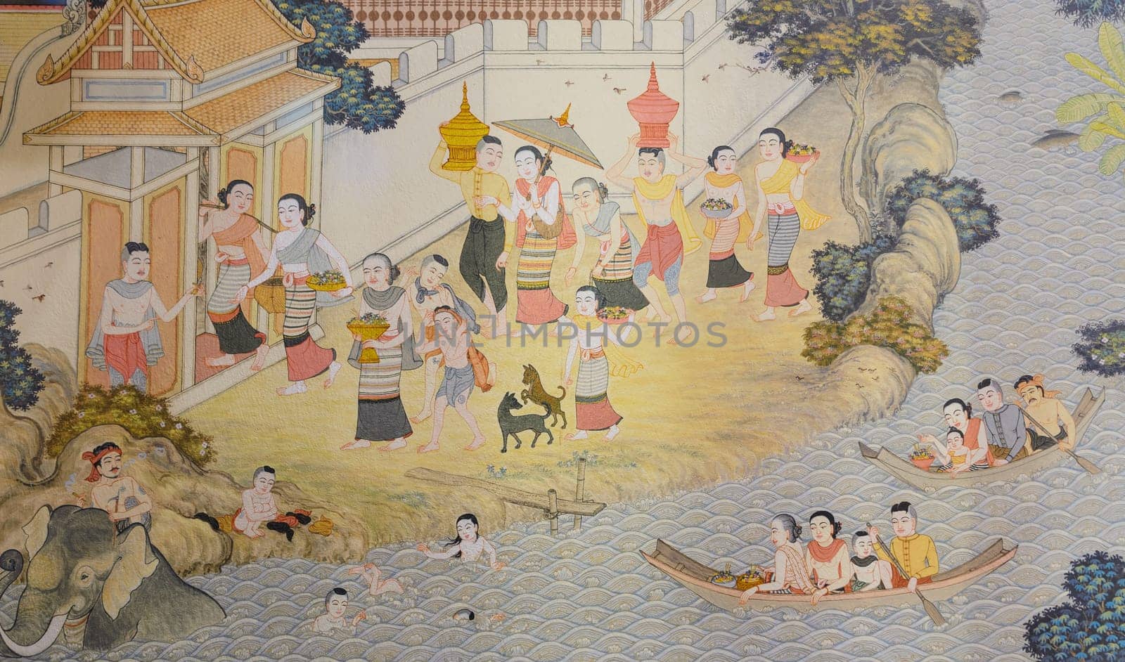 Thai mural painting of Lanna people life in the past on temple wall in Chiang Rai, Thailand