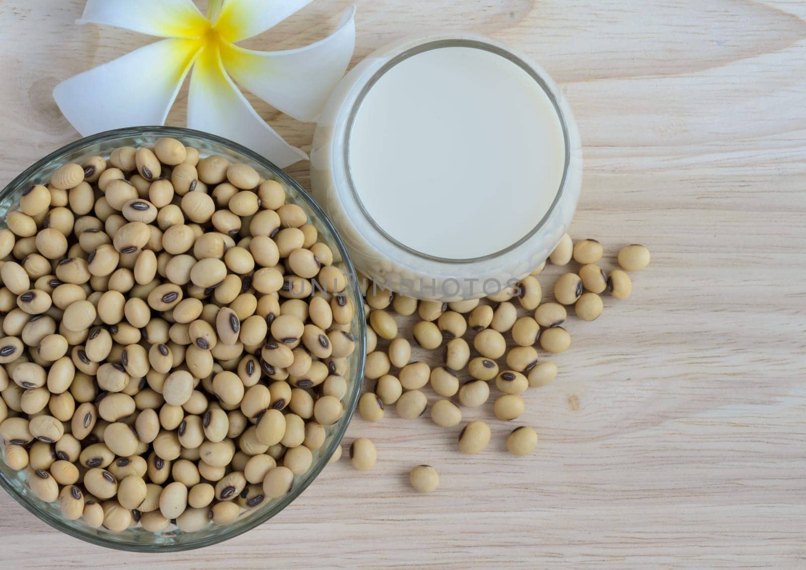 Fresh Soy milk (Soya milk) and dried organic soybean seeds on wooden background with white plumeria flower