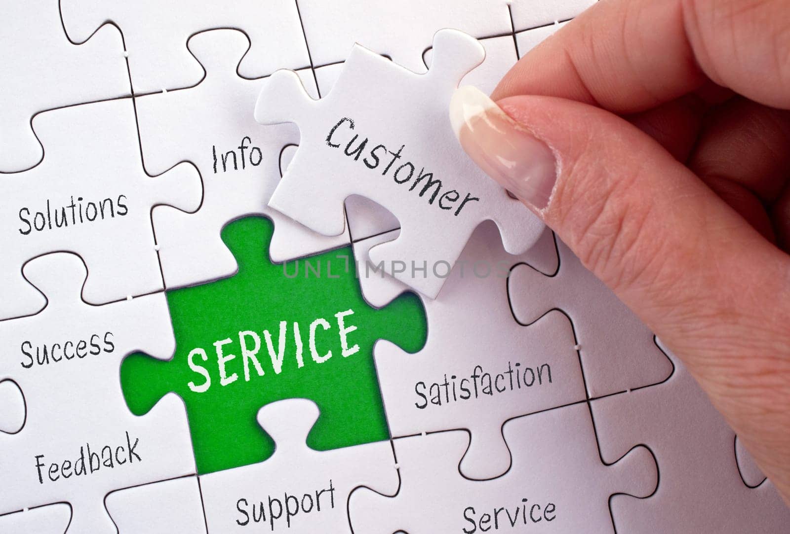 Service - business concept puzzle with female hand and text