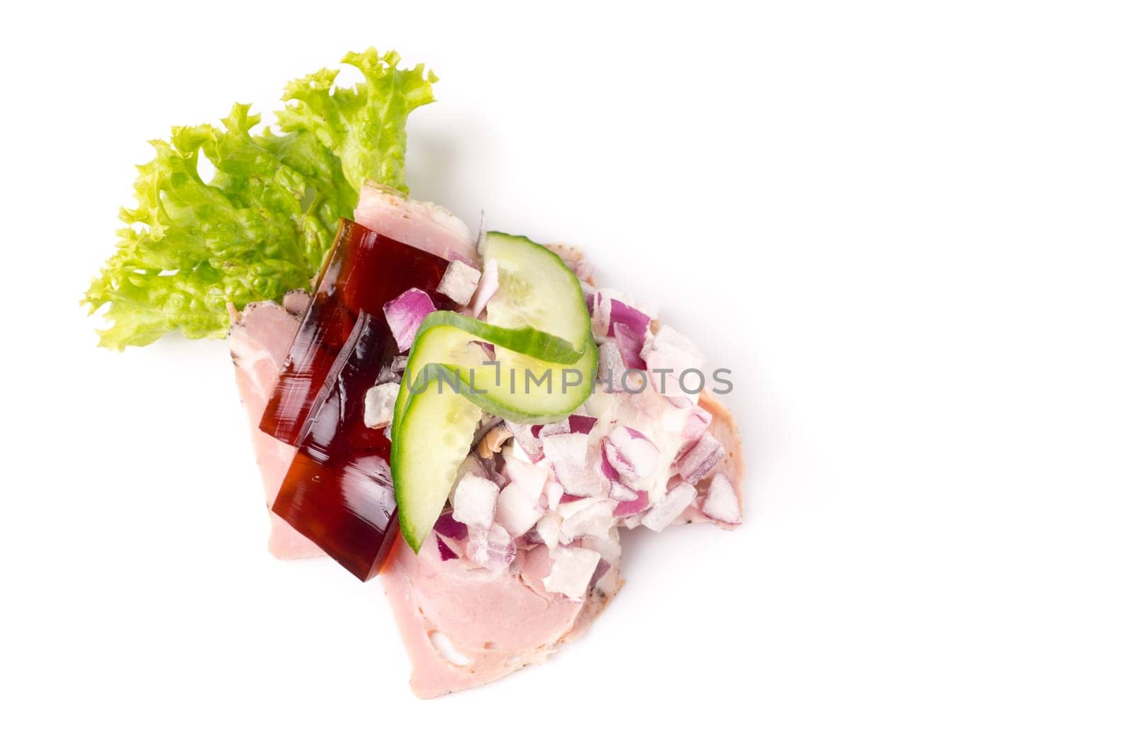 Danish specialties and national dishes, high-quality open sandwich. Sandwich with pork roll sausage, rullepoelse, , jelly and raw red onions, isolated on white background
