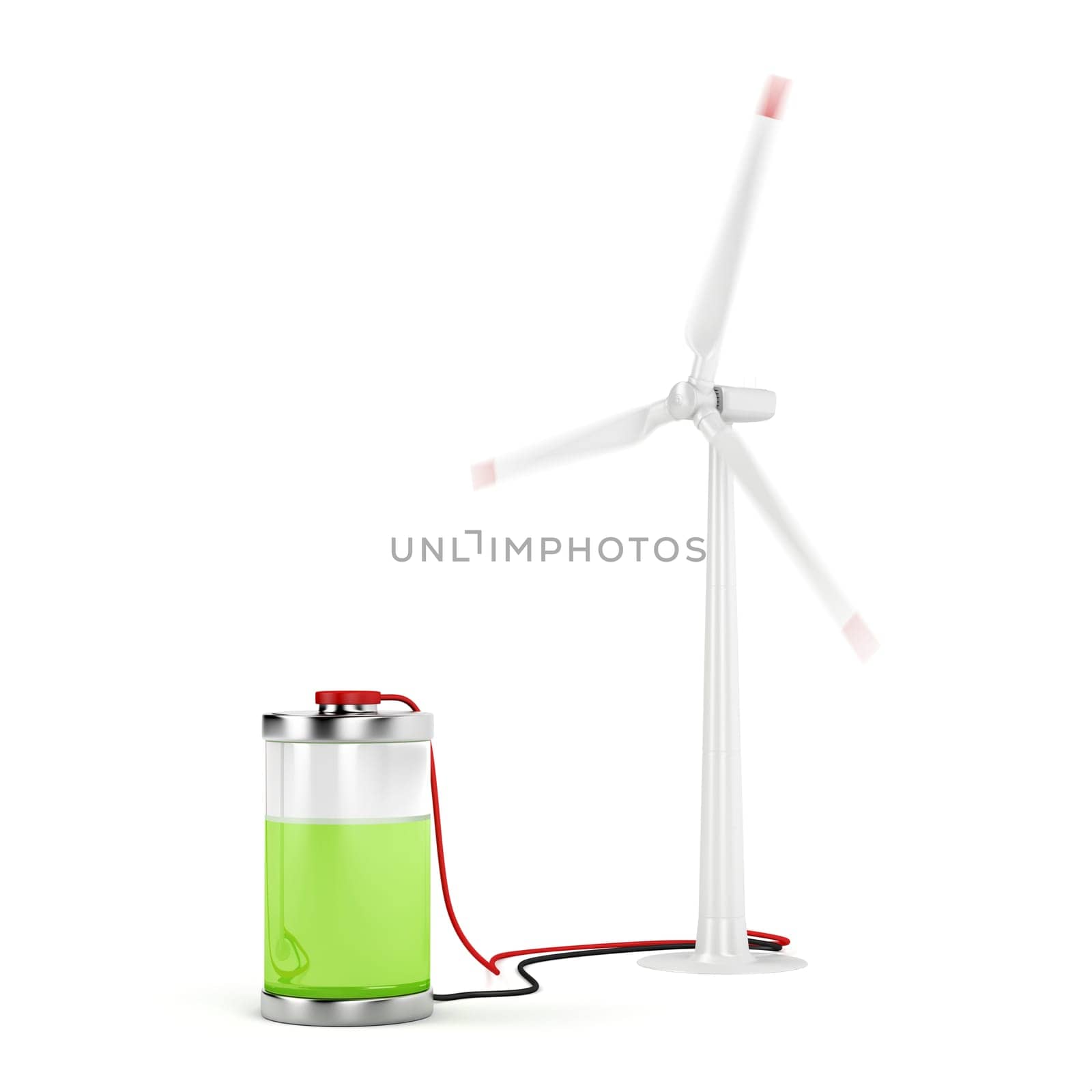 Concept image with wind turbine charging the battery