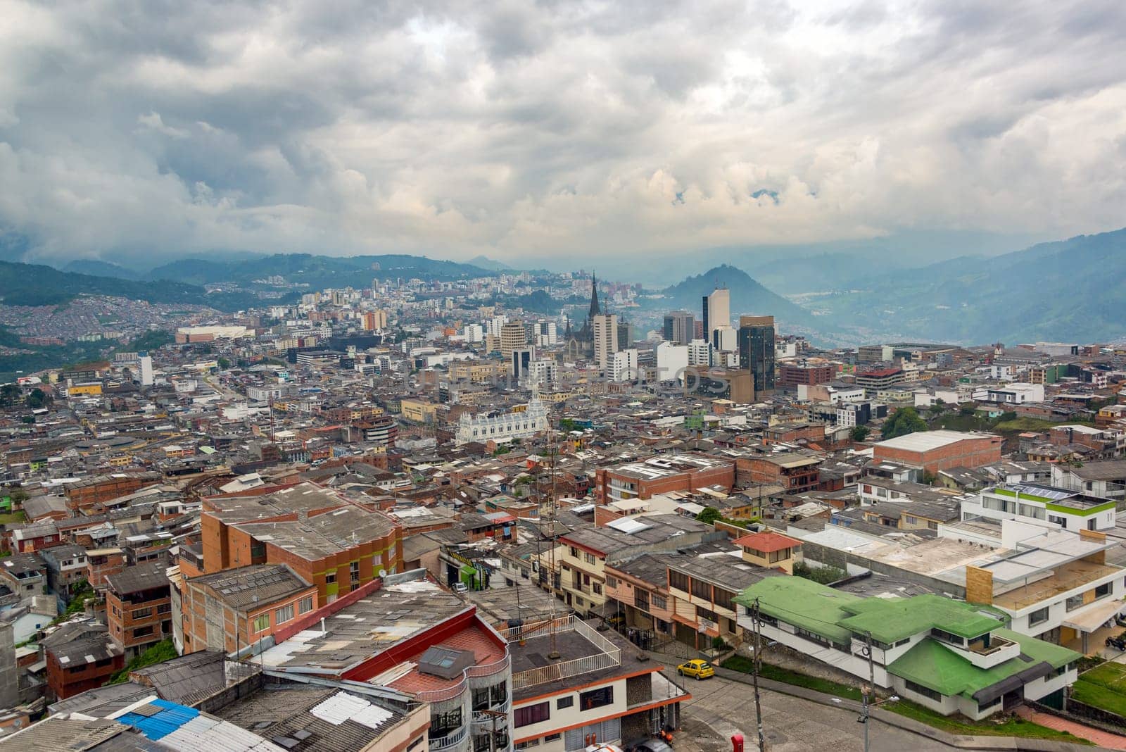 Cityscape view of downtown Manizales, Colombia on an overcast day
