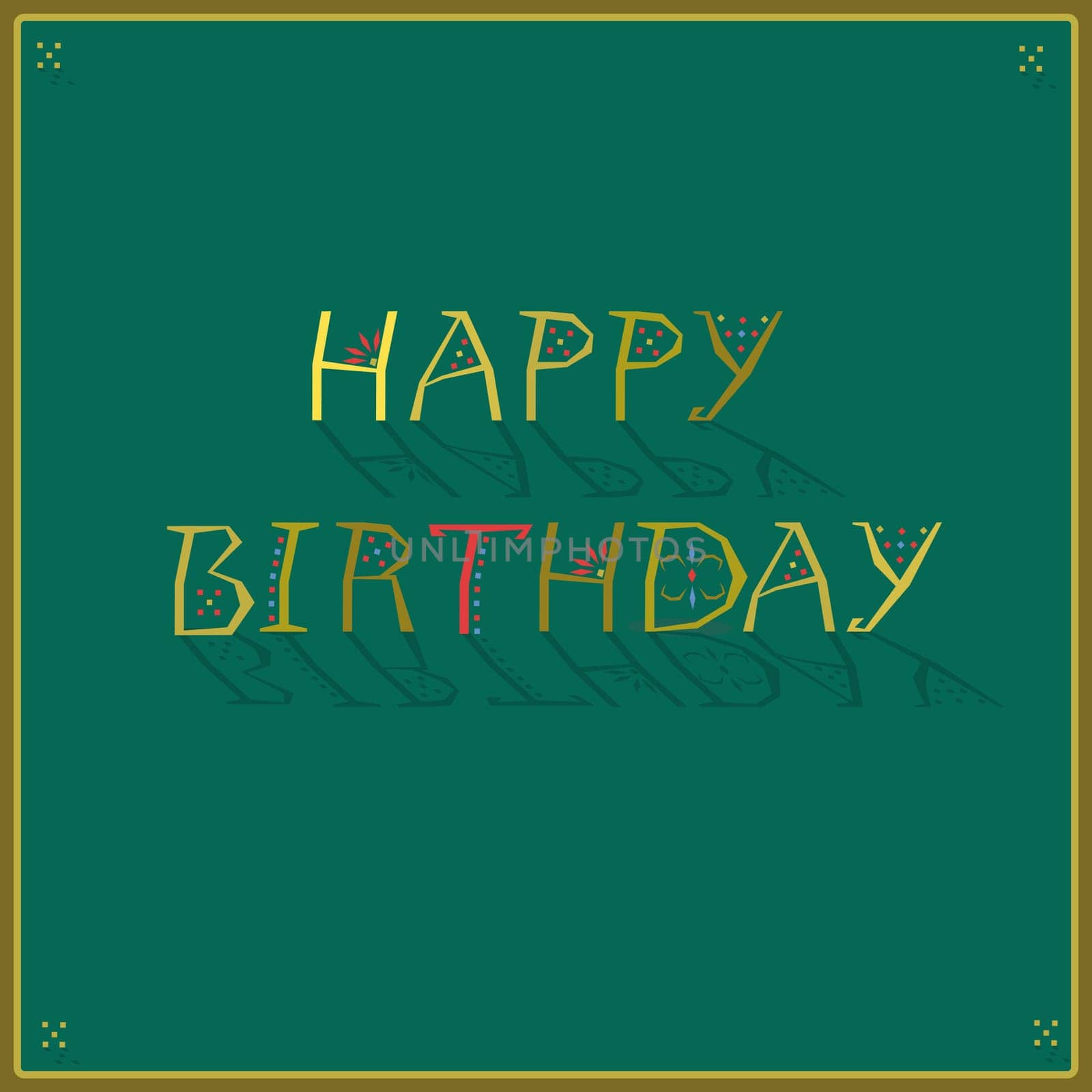 Happy Birthday. Artistic font. Greeting card. Golden letters with floral and geometric decor. Illustration