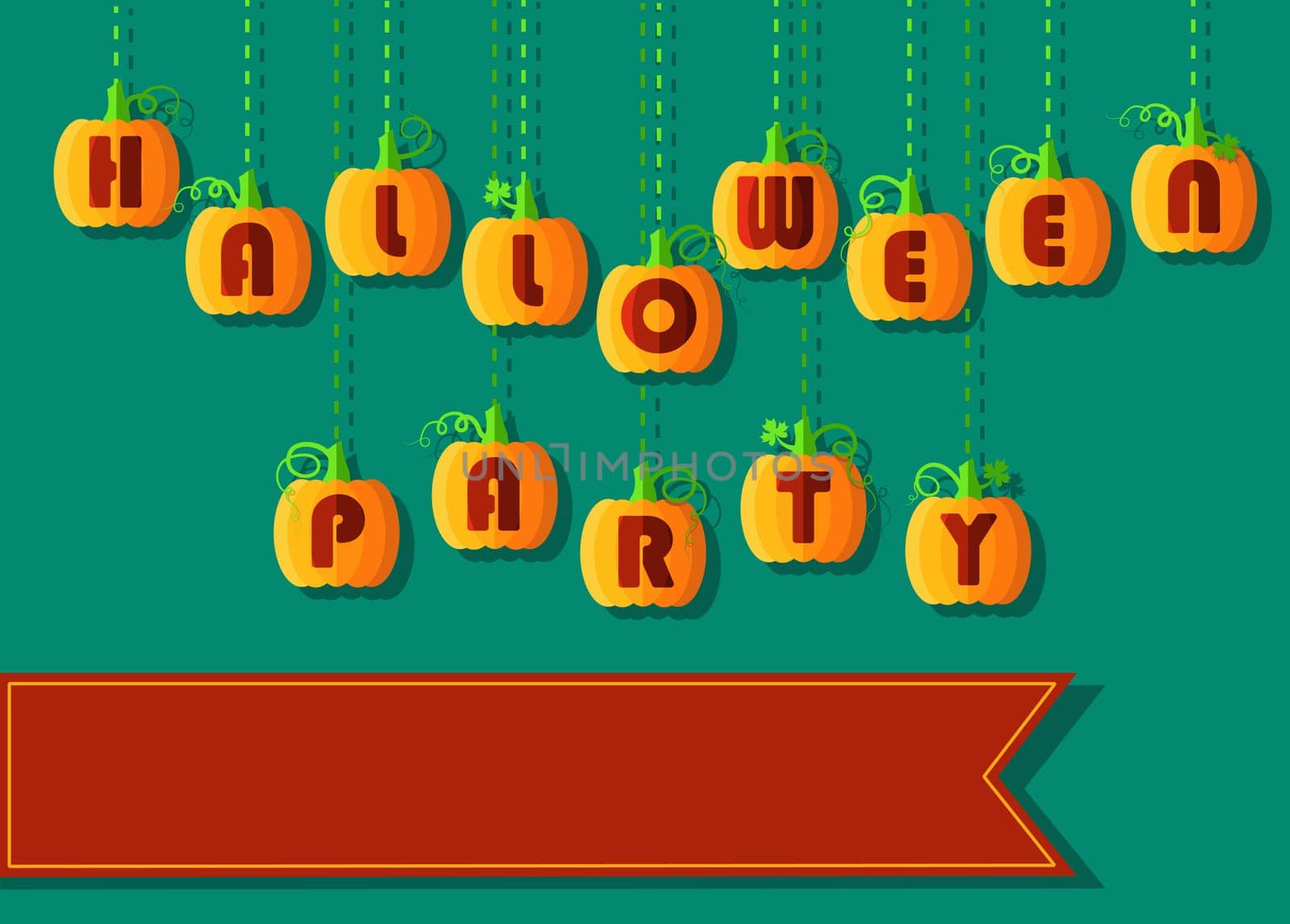 Invitation to Halloween Party. Funny pumpkin font. Orange geometric pumpkins with red signs. Jack of the Lantern. red banner for custom text. illustration
