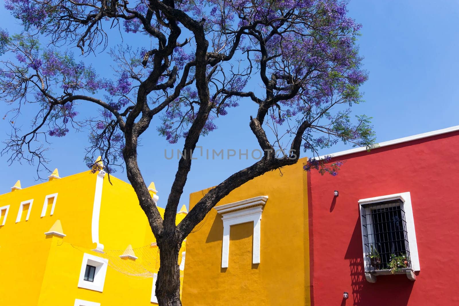 Yellow and red house in downtown Puebla, Mexico