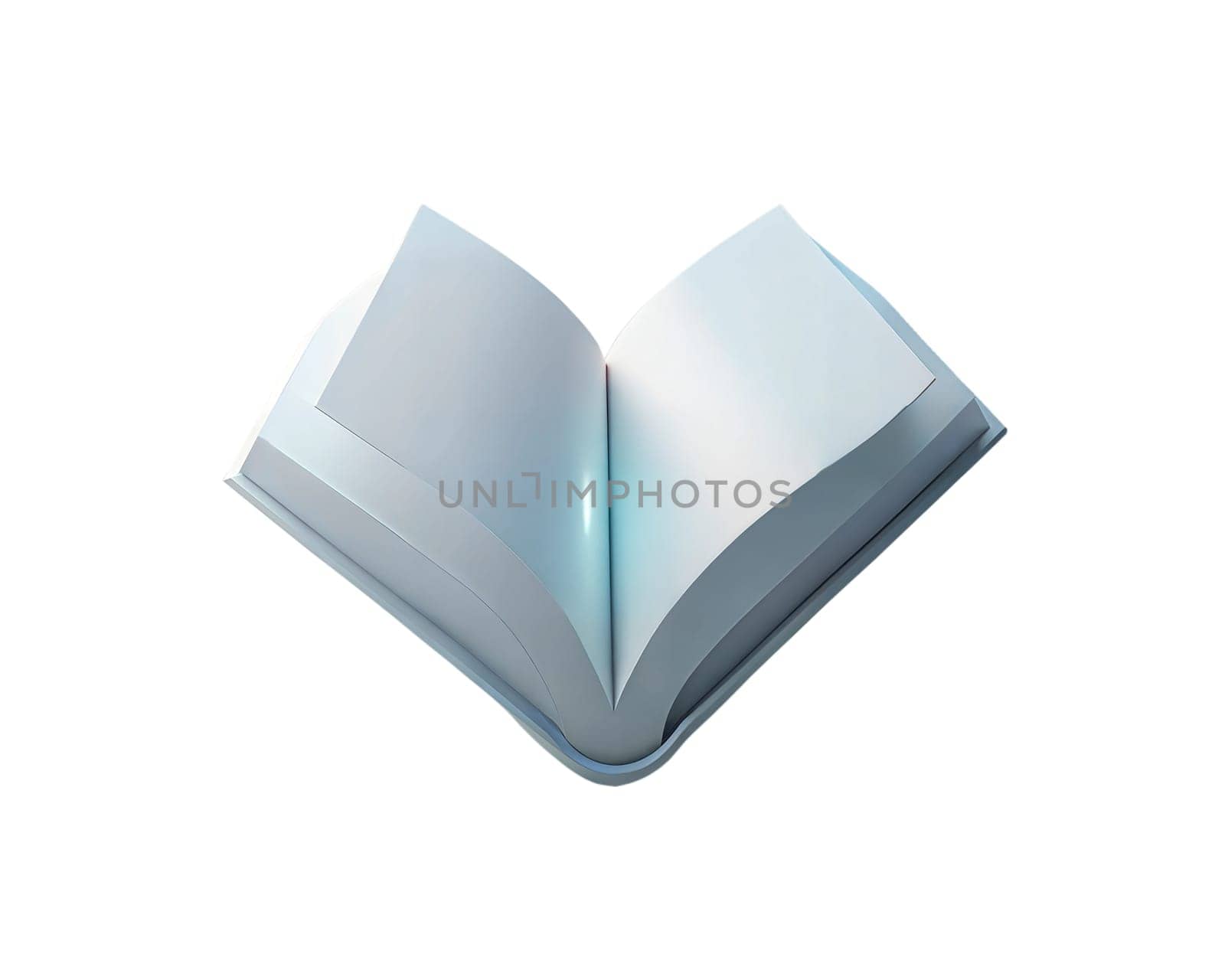 A 3D holographic icon of an open book, isolated on white background, symbolizing knowledge, education, reading, and creativity with a futuristic touch.