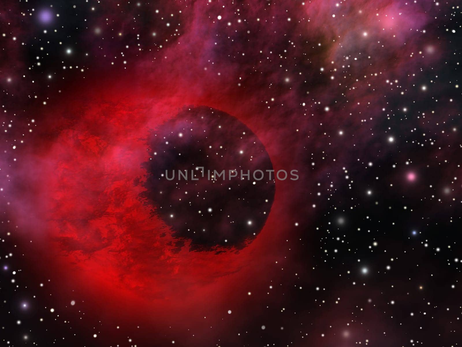 Image, illustration of the mystic universe with weird mysterious red planet.